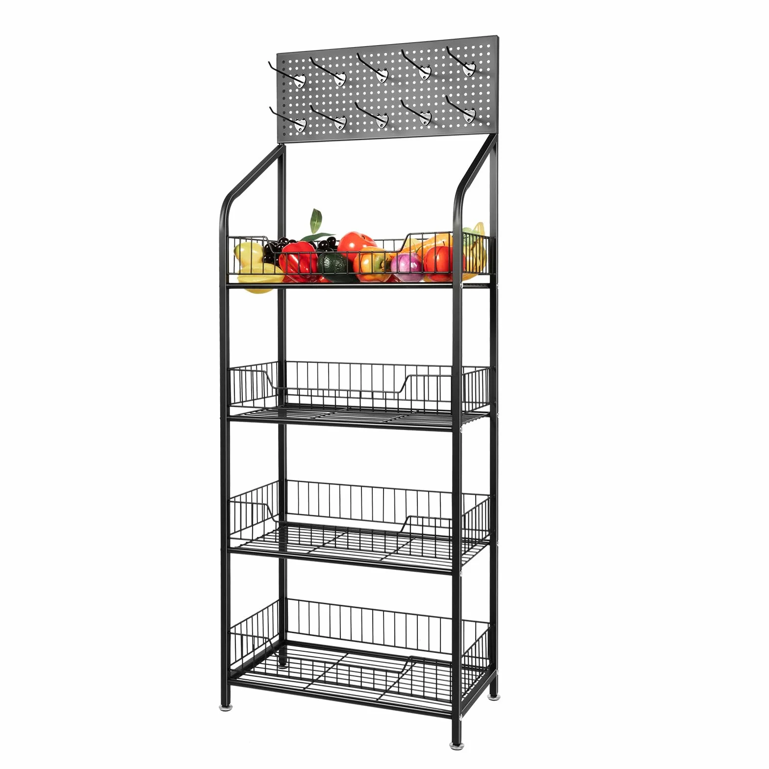 Estantería para aperitivos de 4 niveles, color negro, con ruedas y ganchos, estantería de almacenamiento de metal con cestas de rejilla, estantería de cocina, organizador de frutas y verduras