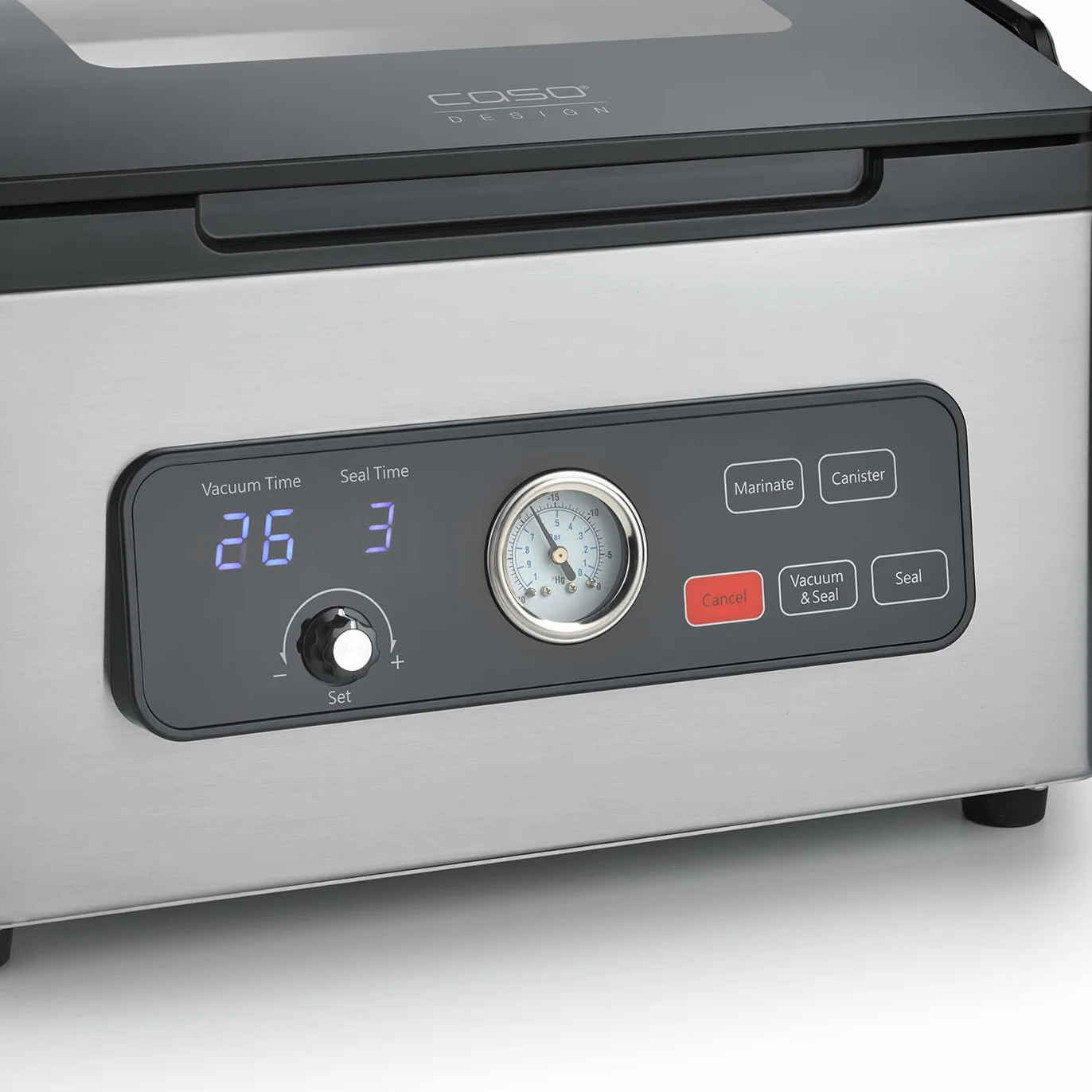 CASO VacuChef 700 - Sellador al vacío de cámara de acero inoxidable de 8 litros, fuerte bomba de vacío profesional de 70 litros/minuto, tapa de vidrio templado, para alimentos