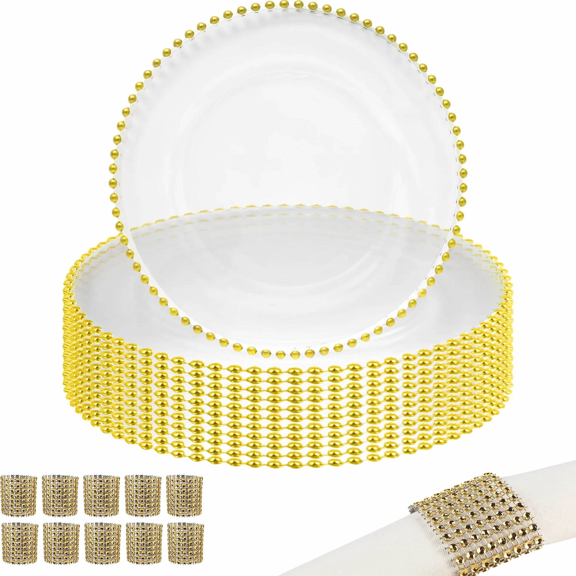 Elegante juego de platos de cristal transparente y servilleteros dorados, 10 piezas, diseño de cuentas, platos de 33 cm para bodas, cenas, fiestas y eventos, mesa reutilizable y manteles individuales