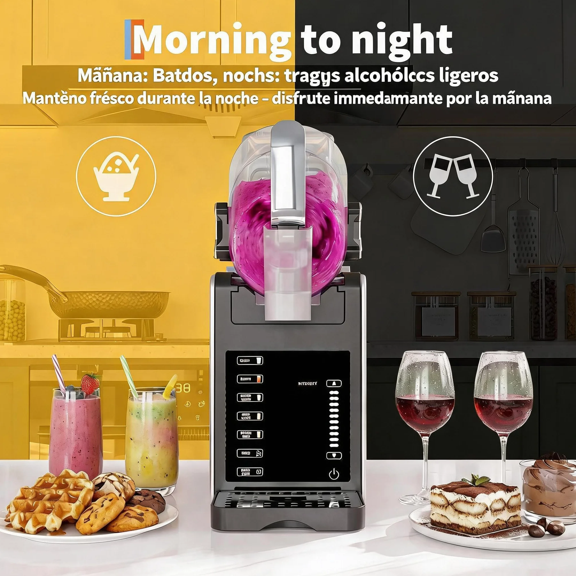 Máquina de granizados 1,9L - 5 programas automáticos - Pantalla LED - 200W, 120V/60Hz - Autolimpieza y bandeja de goteo 400ml - Funcionamiento silencioso (<45dB) - Mantiene bebidas frías hasta