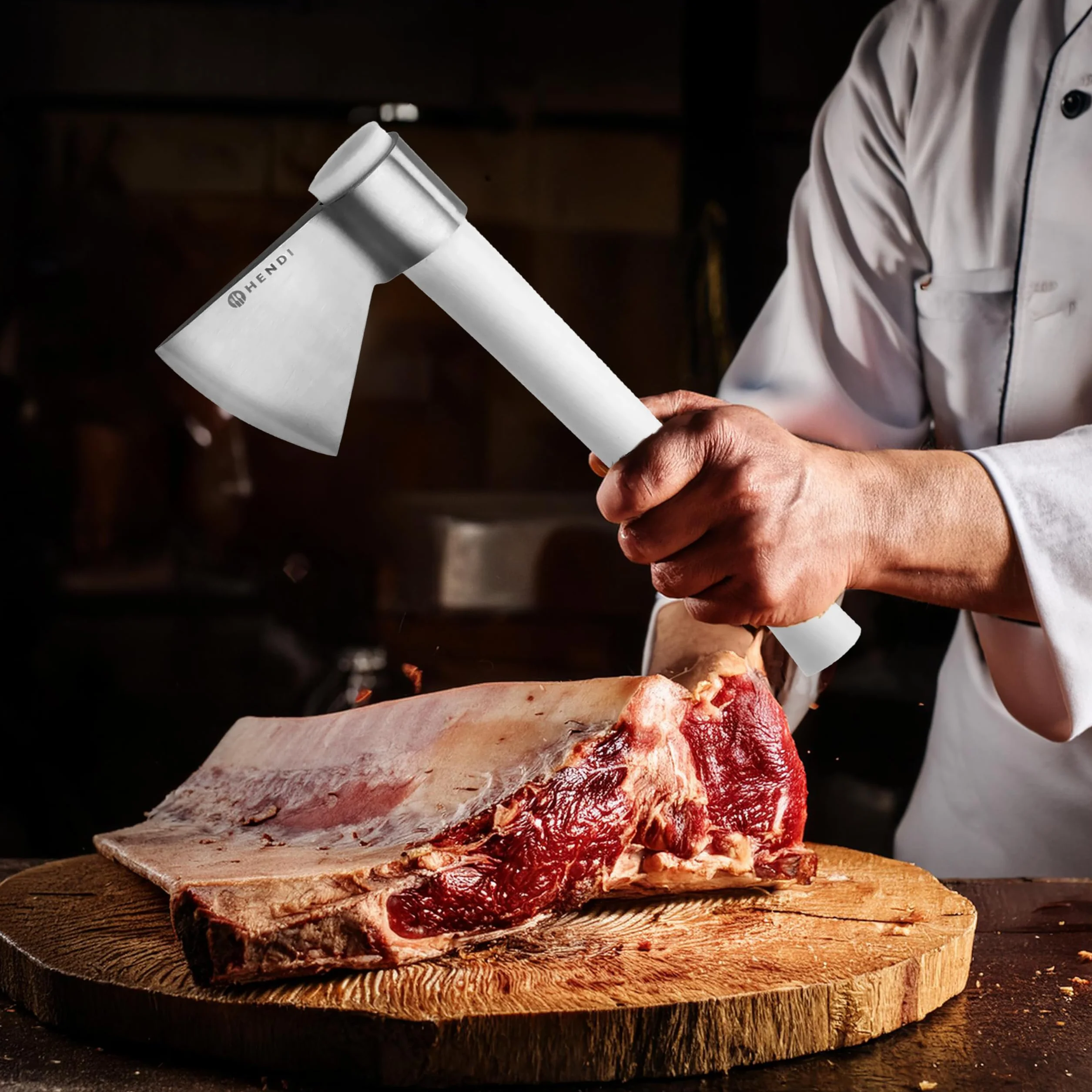 HENDI Hacha de carnicero profesional, herramienta para manipular y cortar carne, hoja de acero inoxidable de 125 mm de largo, mango ergonómico de polietileno blanco de 450 mm