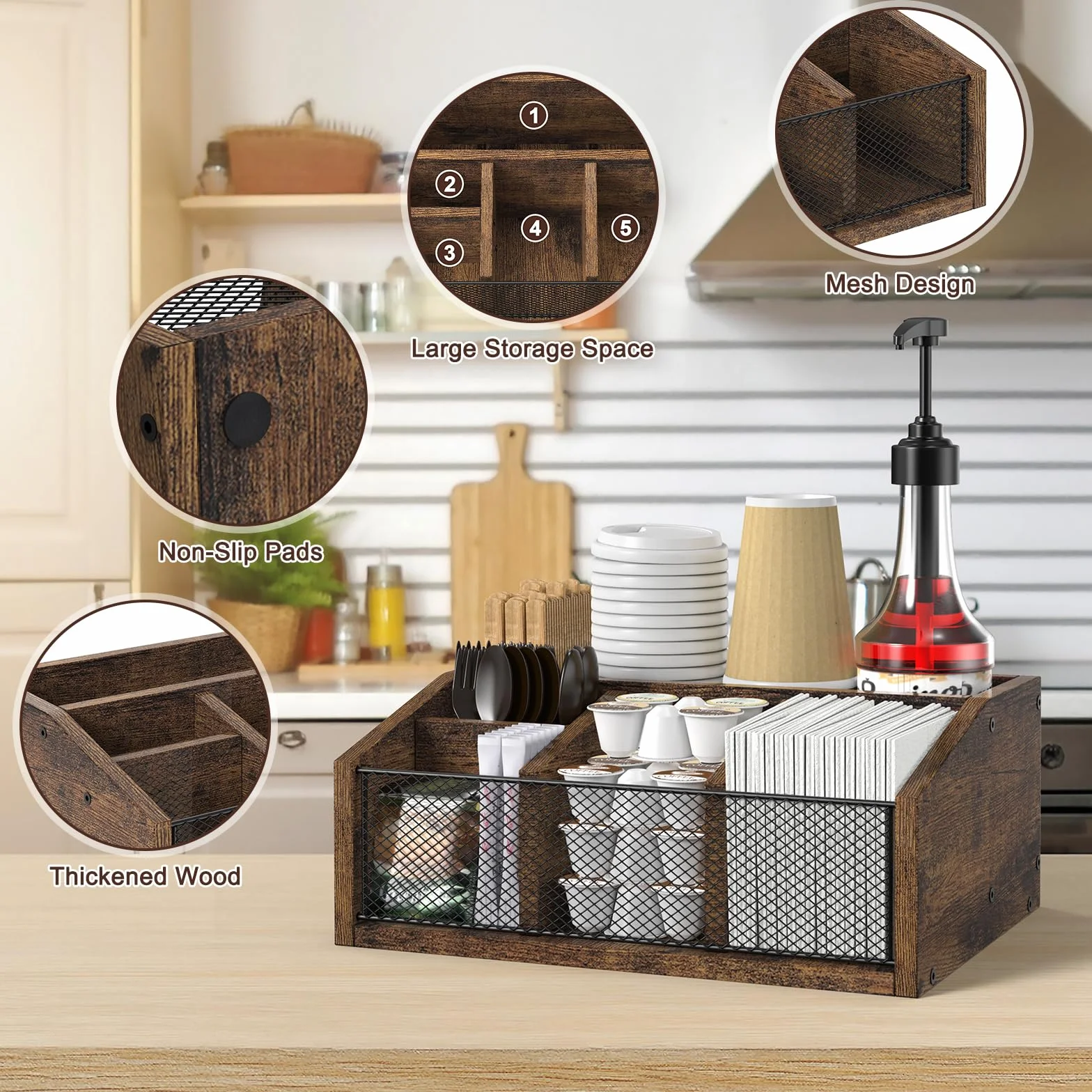 Organizador de Madera para Cafetería 5 Compartimentos con Divisores