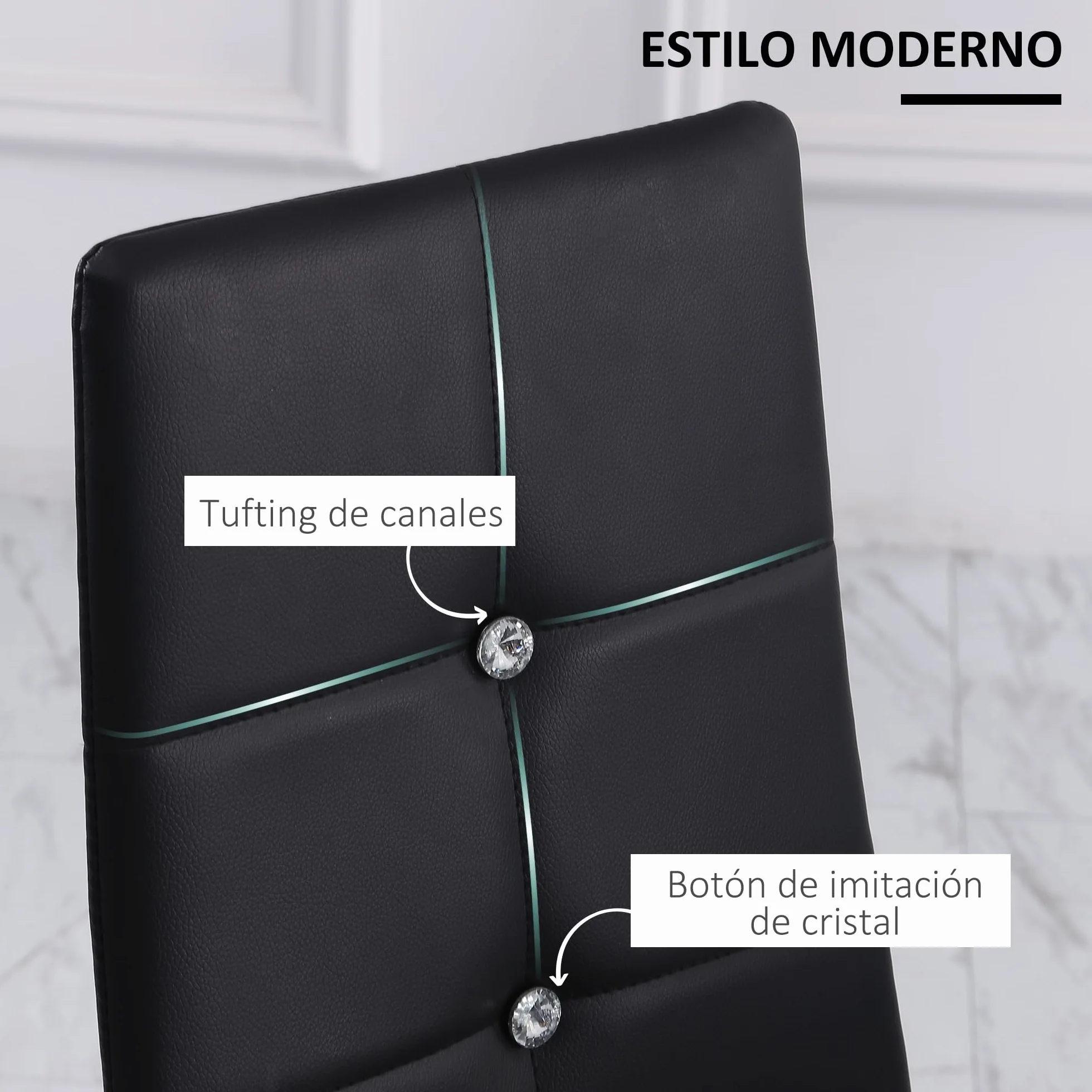 HOMCOM Juego de 6 Sillas de Comedor con Respaldo Alto para Salón Negro | Tapizada en PU, Sillas de Cocina Modernas, Botones, Patas de Acero, Dormitorio