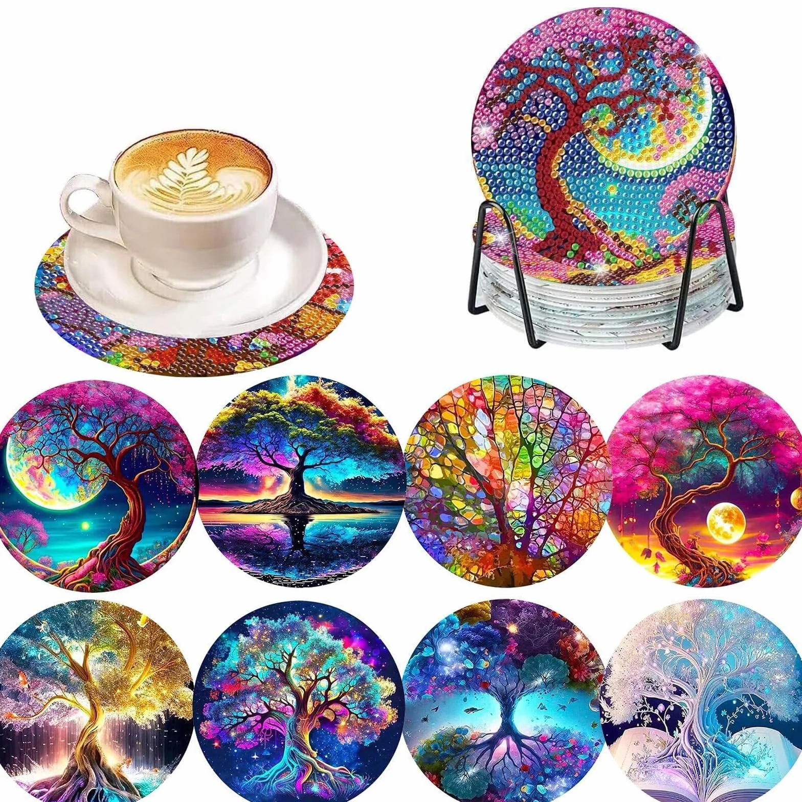 Posavasos Pintura Diamante con Soporte, DIY Mandala Flor de la Vida Diamond Painting