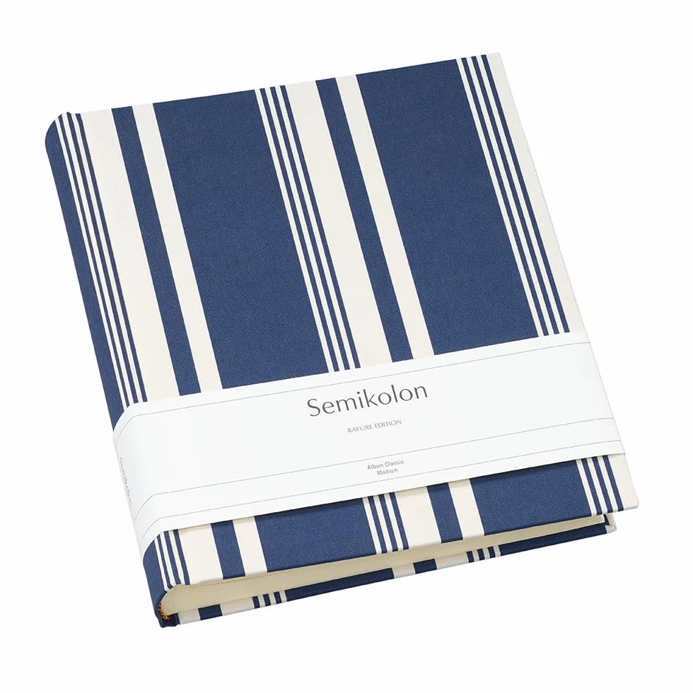 Semikolon 600151 - Álbum de fotos mediano con lino, 21,6 x 25,5 cm, 80 páginas, color crema, para 160 fotos, Rayure Edition Marine/Chamois