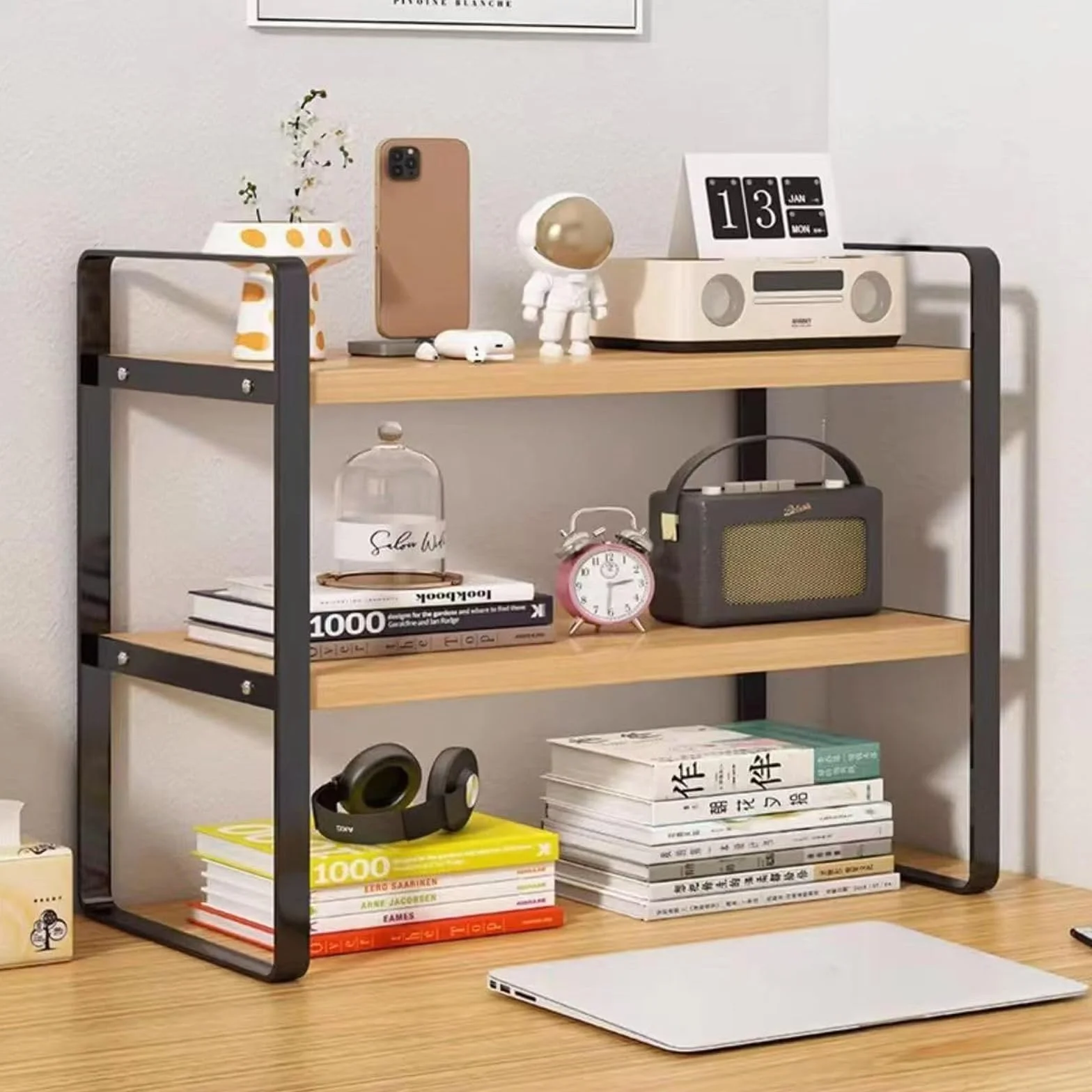 Organizador de escritorio de madera para oficina, suministros de escritorio de 2 niveles, bonito estante de almacenamiento de organización superior (negro)