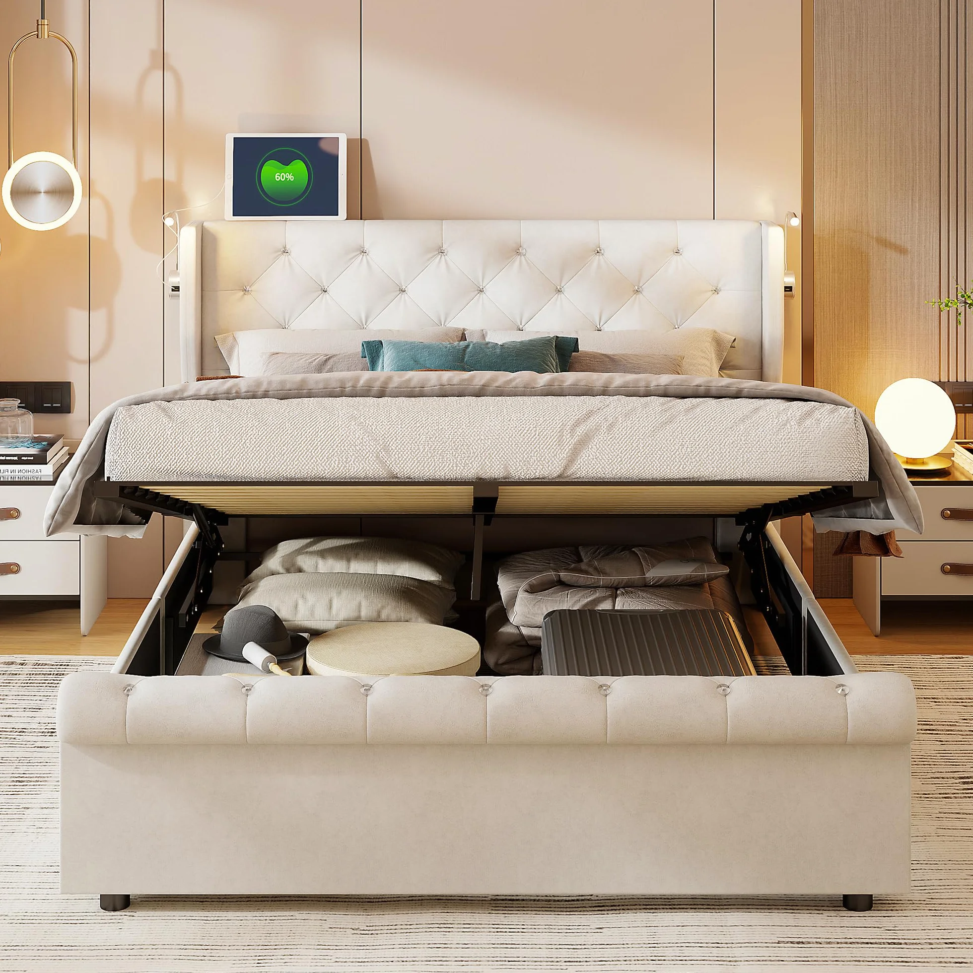 Cama de 160 x 200 cm con somier, cama tapizada con USB y 2 lámparas de lectura de cama acolchada con almacenamiento y somier de láminas, camas para adultos con lámpara de noche ajustable, terciopelo