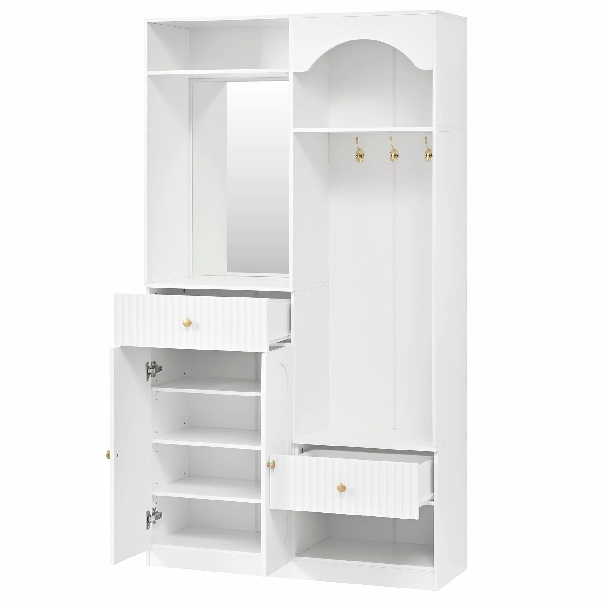 Perchero compacto con espejo, banco y zapatero, con gancho, juego de muebles de pasillo, color blanco