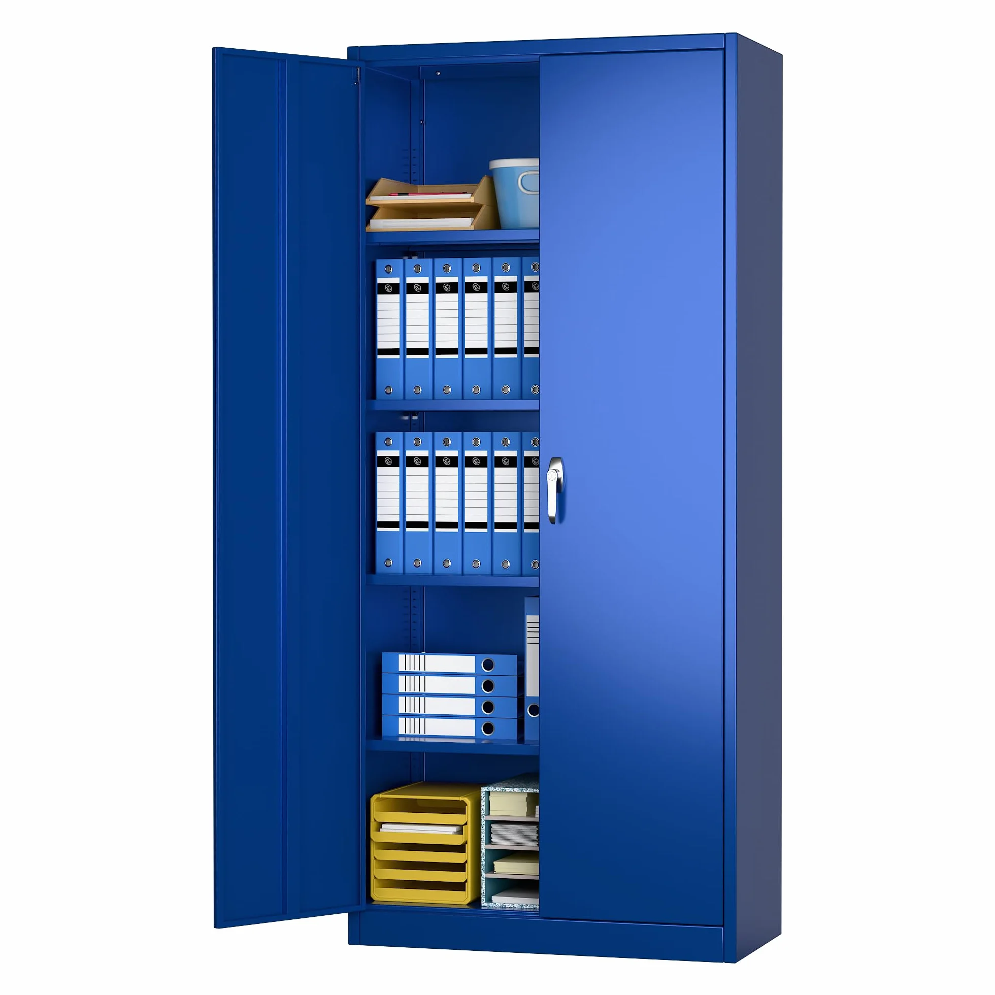 SUPEER Armario de almacenamiento de metal con 2 puertas y 4 estantes ajustables, armario de acero de 180 cm de alto para almacén, garaje, hogar, oficina, fácil de montar (azul)