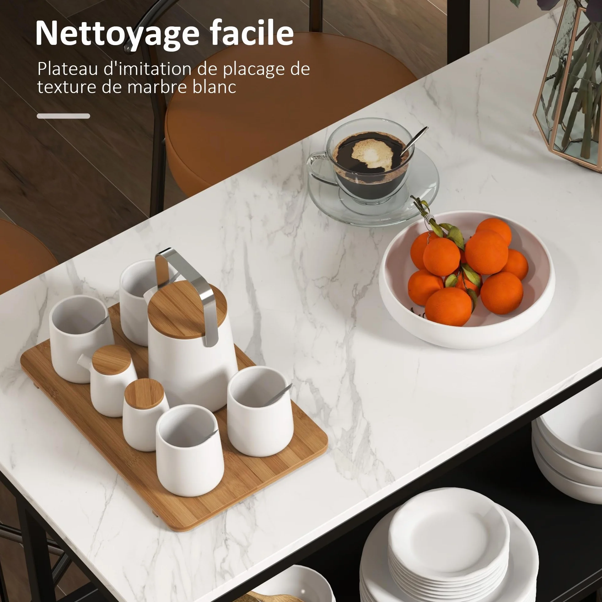 HOMCOM - Postre isla de cocina, mueble de cocina, bandeja de aspecto mármol, estructura de acero, 2 estantes, mueble de almacenamiento para salón, estilo moderno, 100 x 50 x 90 cm, color negro