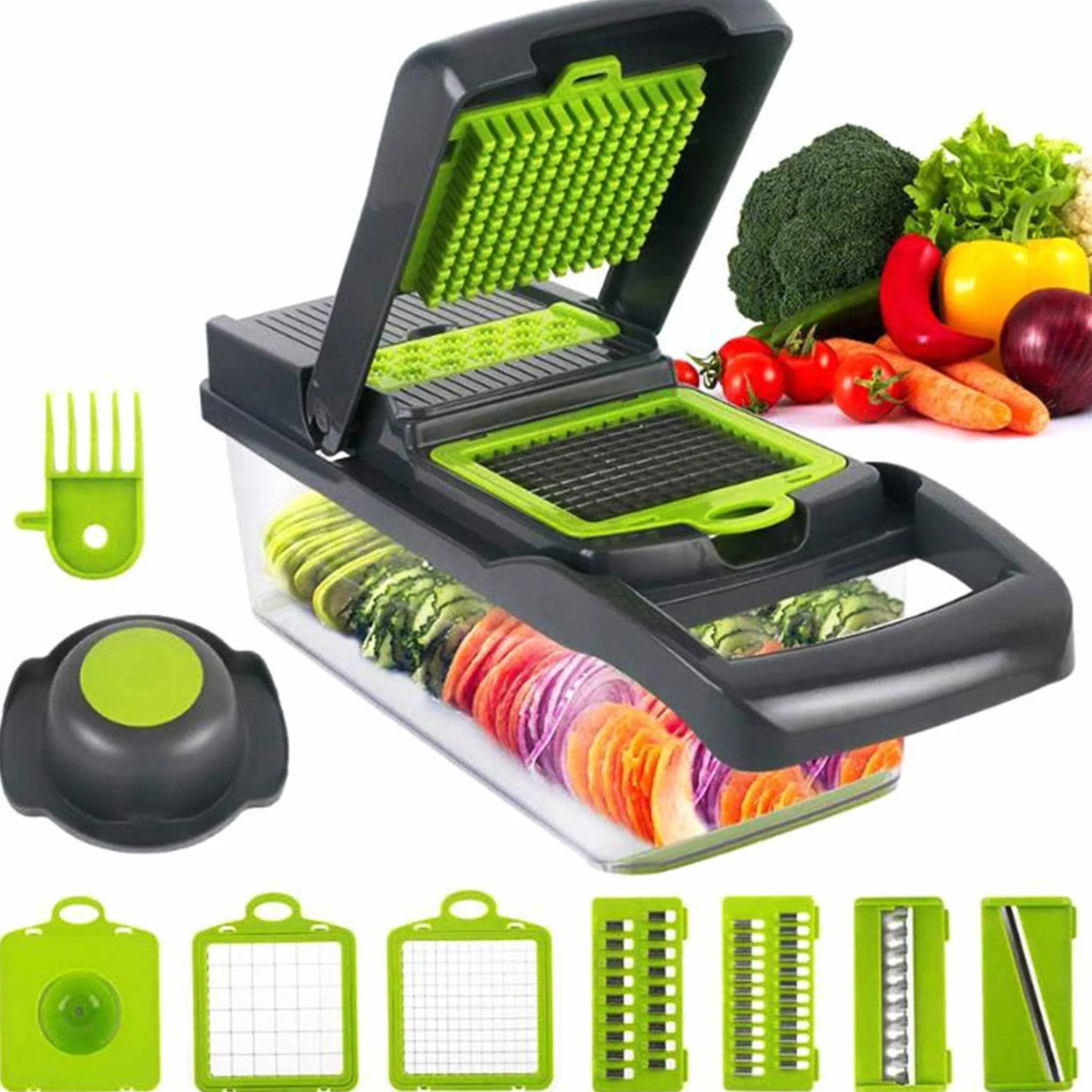 Cortador de Verduras 14 en 1, Cortador de Mandolina Multifuncional Dicer Hogar Cocina Manual Cortador de Rallador en Juliana para Verduras, Cebolla, Ajo, Papas y Ensaladas