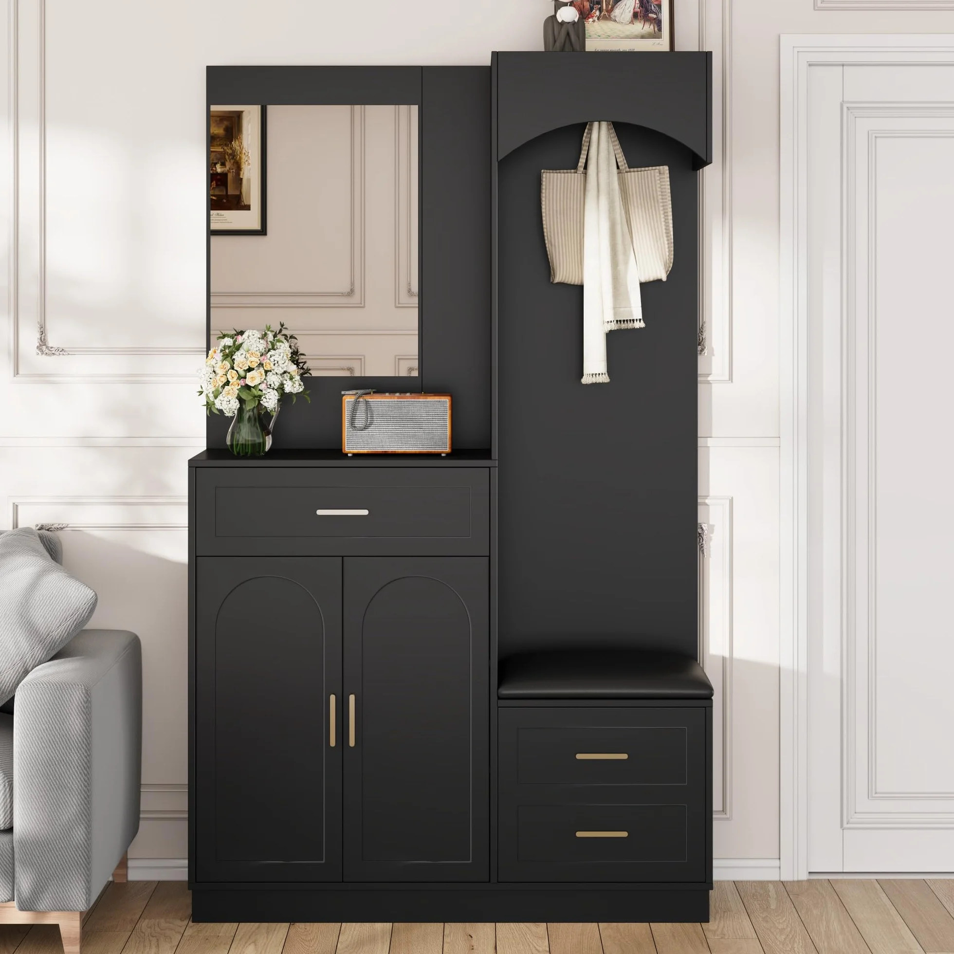 Armario moderno compacto, armario y zapatero, armario de entrada, estante de almacenamiento multifuncional con espejo, 110 x 33 x 185,5 cm (negro)