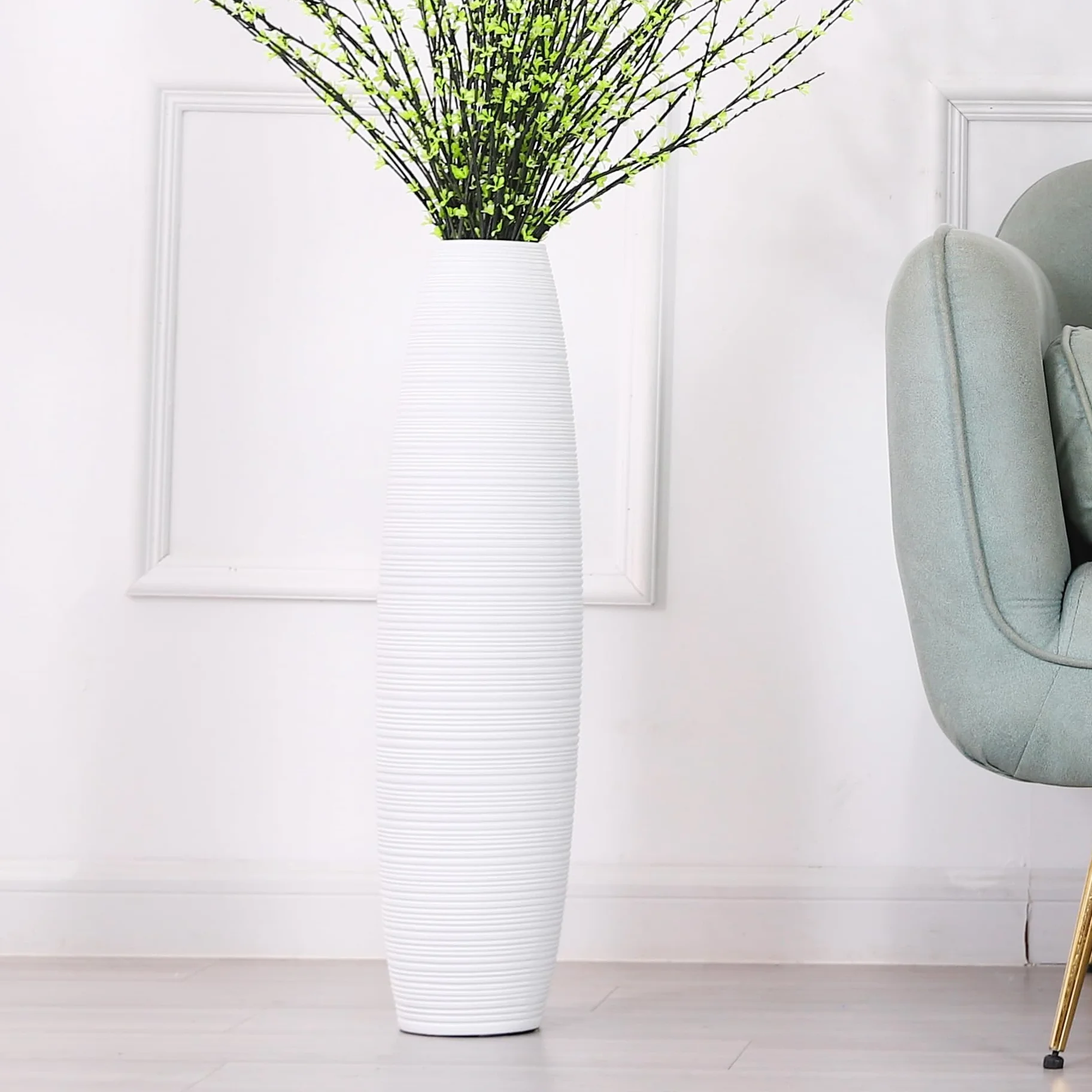 Leewadee Jarrones Decorativos Grandes - Floreros Altos Modernos para Flores O Pampas, 65 cm, Blanco, Resina