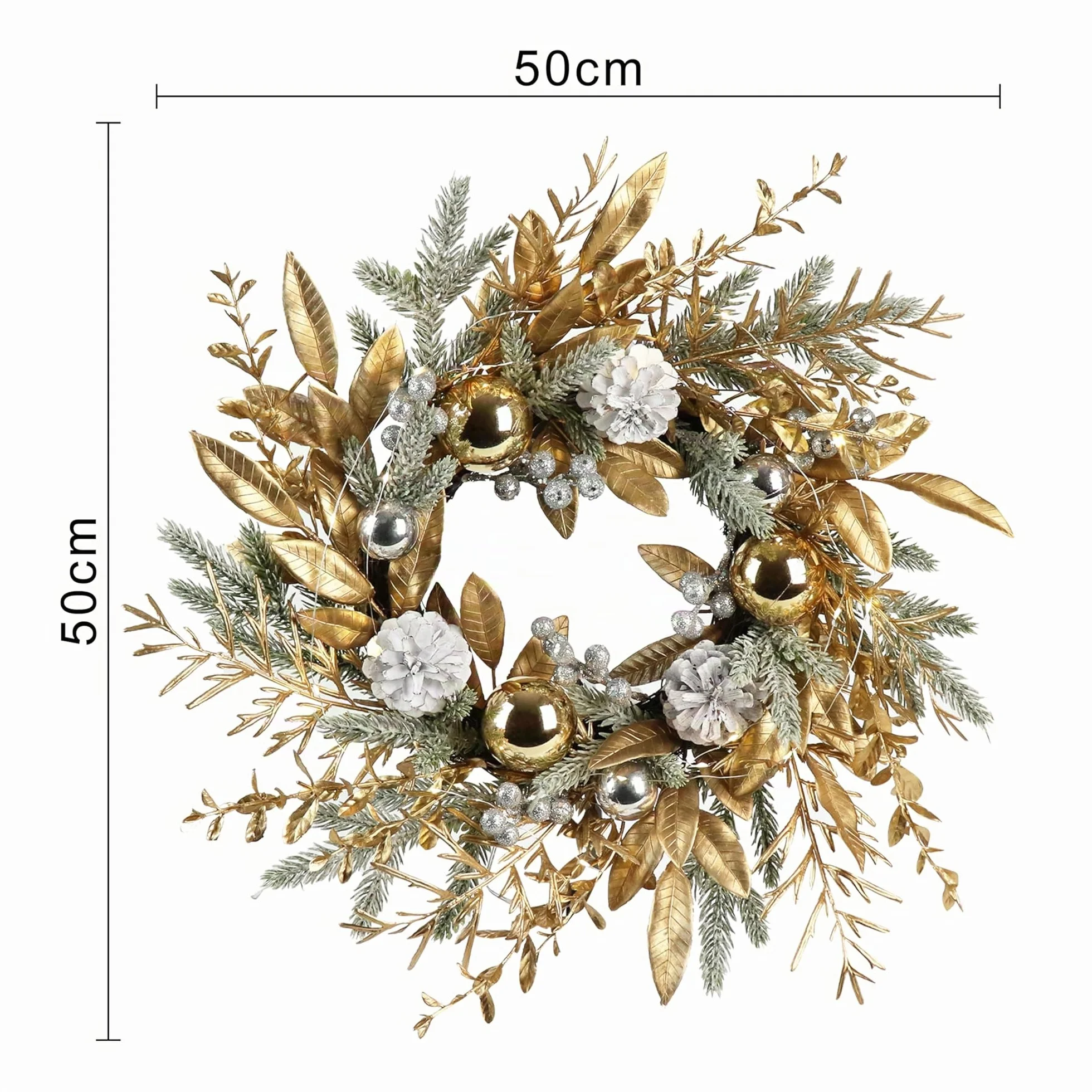 Zavothy Corona de Navidad de 50 cm, Corona de Puerta Artificial de Navidad con Piñas y Bolas de Navidad, Corona de Adviento, Decoración de Navidad, Dorado