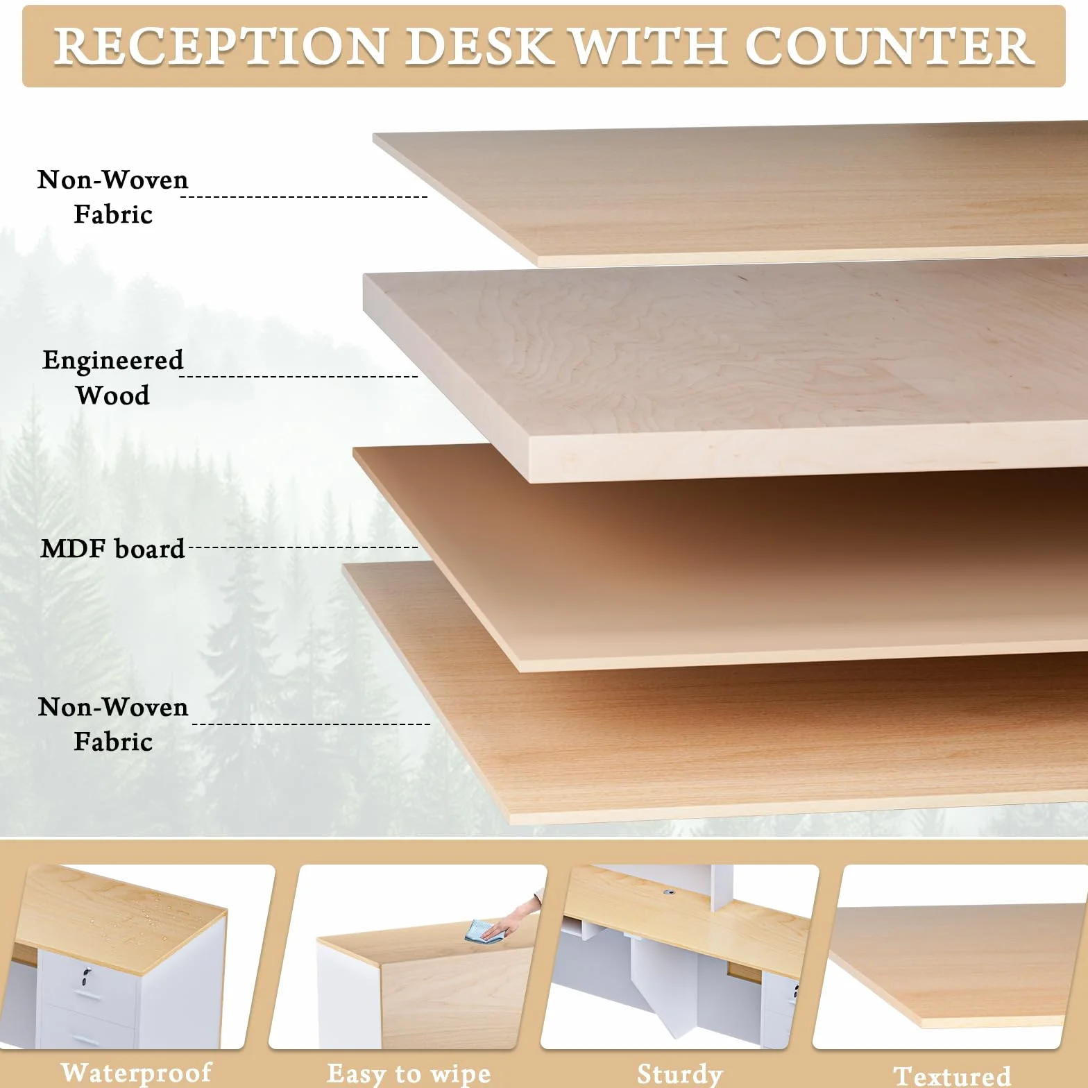 Escritorio de recepción grande de madera en forma de L, moderno mostrador de recepción con cajones con cerradura y bandeja de almacenamiento y teclado, para pagar, vestíbulo (madera natural izquierda