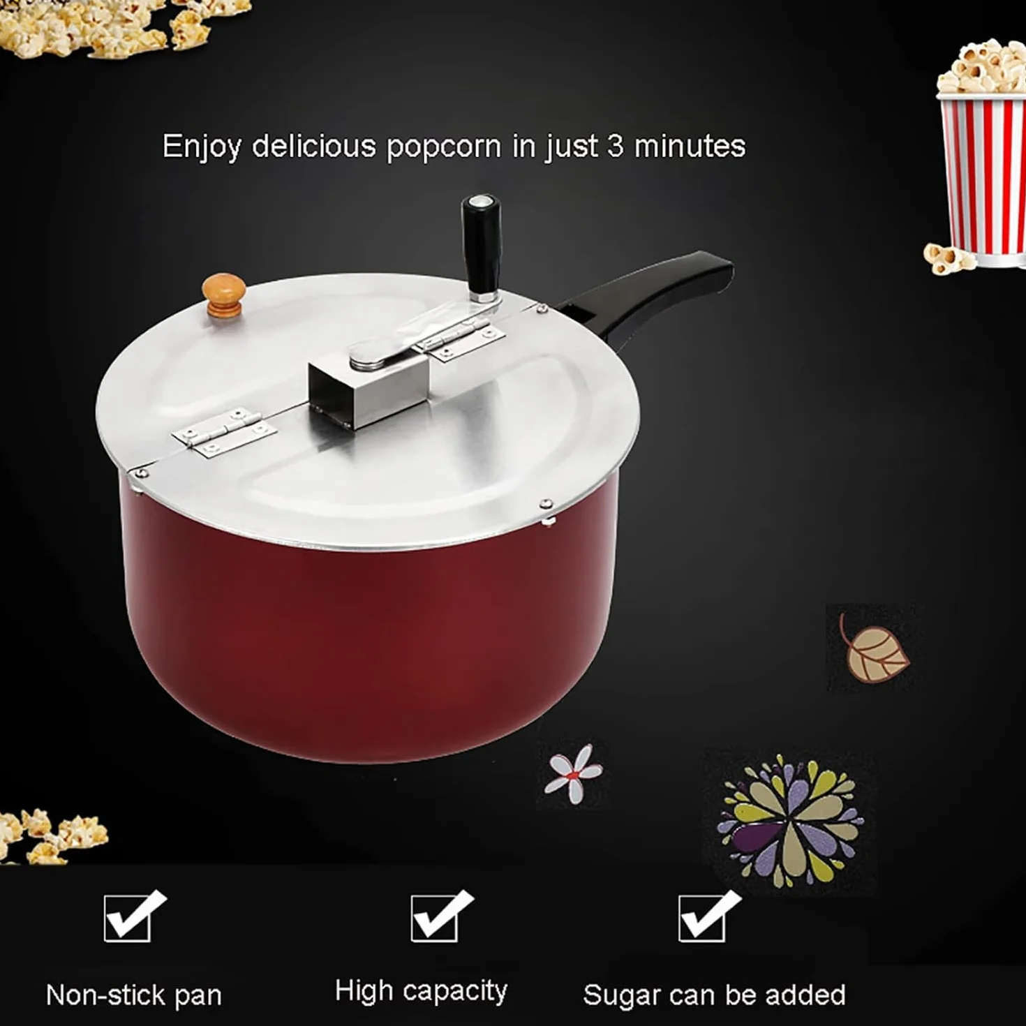 Máquina de palomitas de maíz para el hogar, olla de palomitas de maíz antiadherente de manivela a mano con mango antiquemaduras, tapa extraíble, varilla de agitación gruesa, cocina de inducción