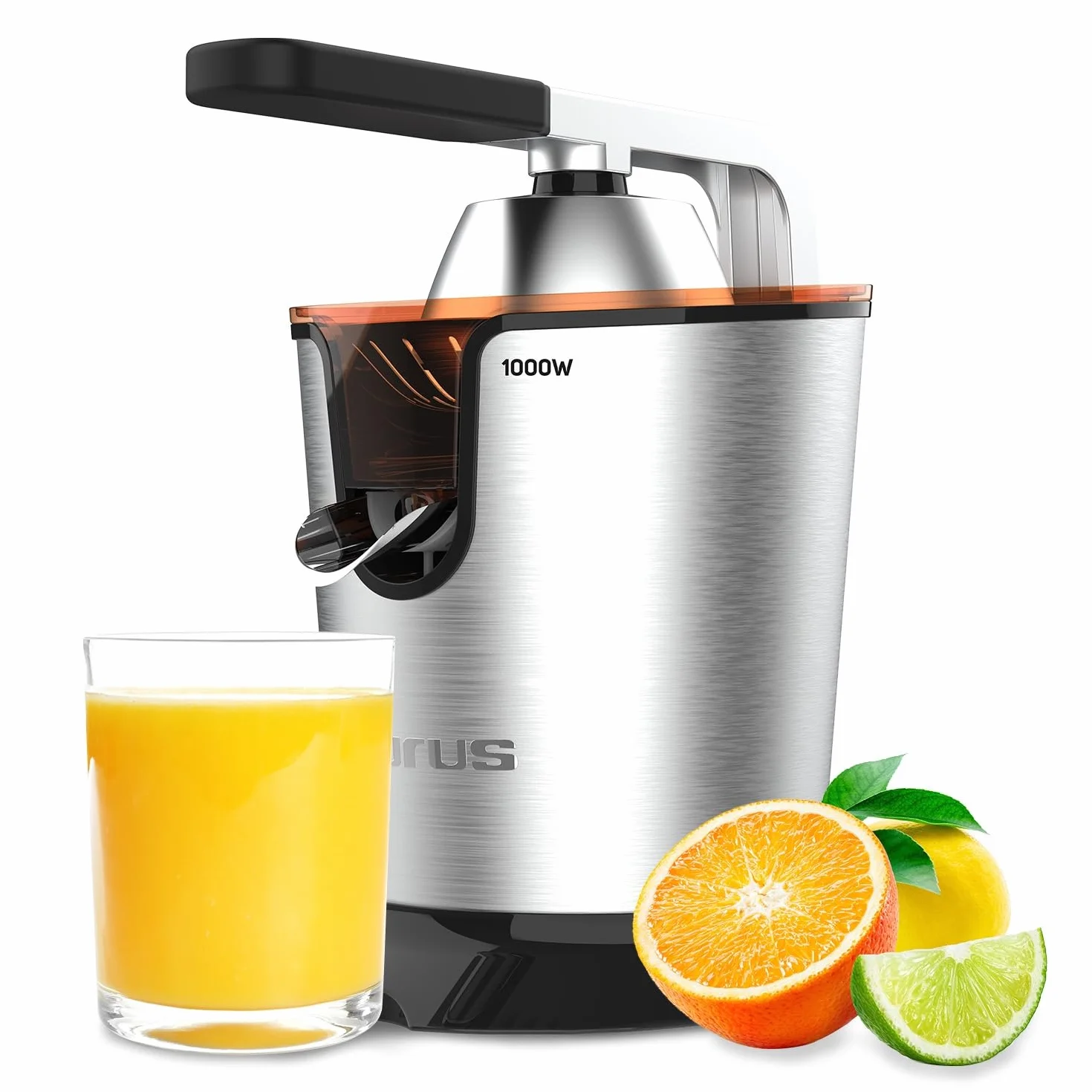Taurus – Exprimidor Eléctrico de Brazo Easy Press 1000 Legend, 1000W, Vertido Continuo Antigoteo, Cono Todos los Cítricos, Filtro Pulpa Ajustable, Depósito 650ml, Sin BPA, Antideslizante, Lavavajillas