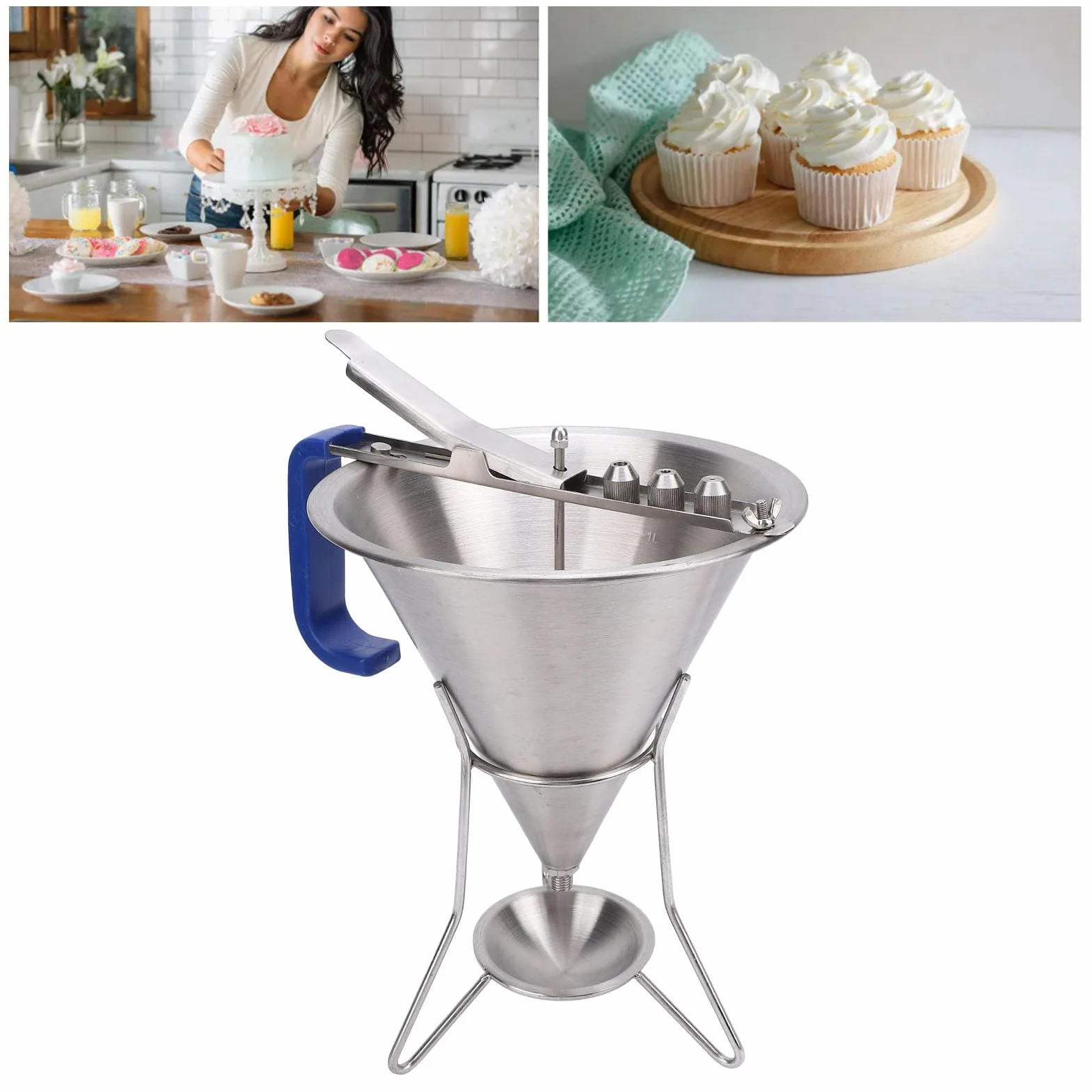 Embudo de confitería con soporte, dispensador de embudo de acero inoxidable, dispensador de masa uso de panadería