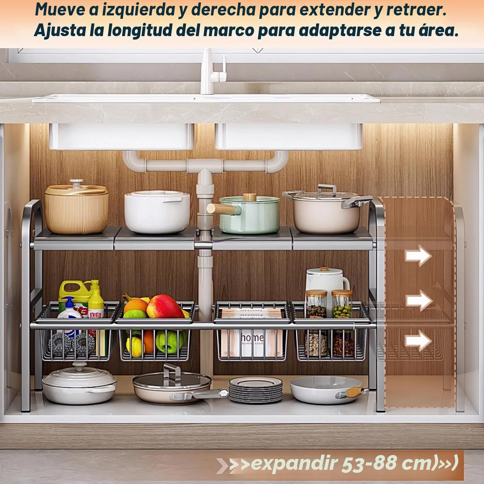 ViWaVee Organizador Cocina Bajo Fregadero Extensible 53-93cm para Armario | Altura Ajustable 5cm + 4 Cestas y Placas | Multiusos Baño Balcón | Almacenaje Productos Limpieza Ollas