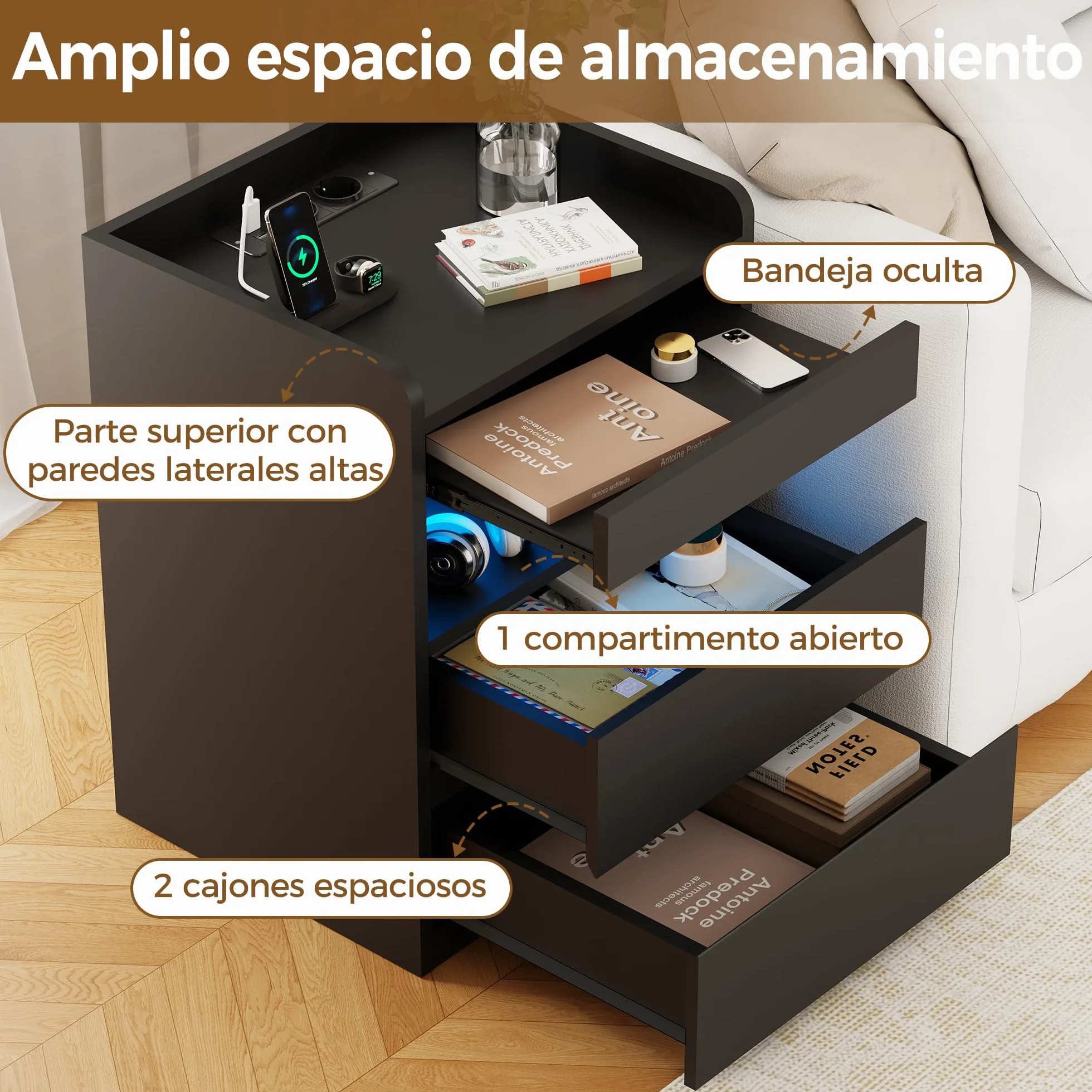 BEWISHOME Juego de 2 Mesitas de Noche,con Compartimento Oculto,con Luces LED y Estación de Carga Mesas Auxiliares（2 Tomas AC 2 Puertos USB）,para Salón,Dormitorio (Negro) EFCG02B