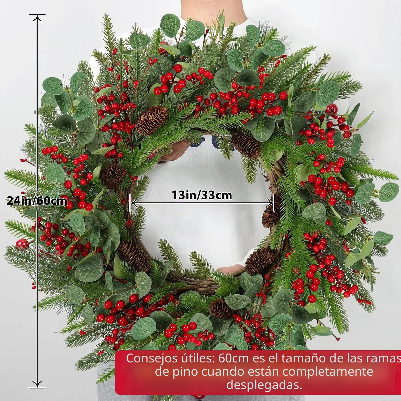 Betylifoy Corona de Navidad Grande de 60 cm, Guirnalda Navideña para Puerta Delantera Corona Navideña con Bayas Conos de Pino para Decoraciones Navideñas para Chimenea en el Hogar