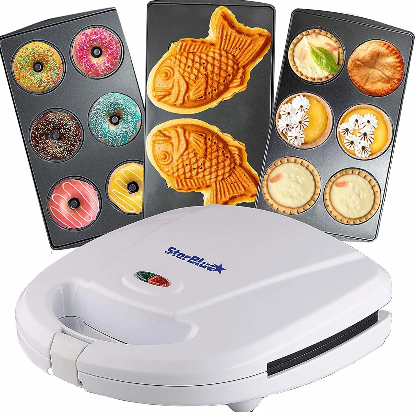 StarBlue - Máquina para hacer minidonas, minitartas y quiches, perfecta para cocinar taiyakis y postres, con 3 placas desmontables, blanco, CA 220-240 V, 50/60 Hz y 700-800 W