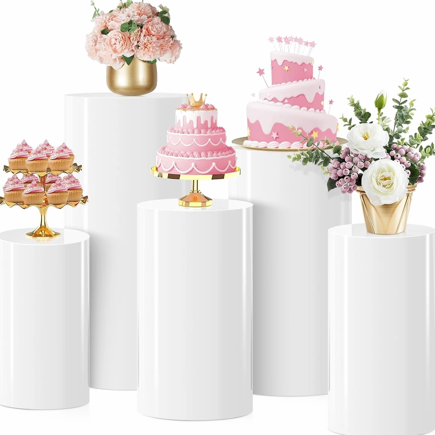 HoldOneLight Pack de 5 soportes de cilindro blanco para exhibición de tartas, flores, decoraciones de mesa para fiestas, decoración de eventos (bodas, baby shower, cumpleaños) (5 unidades)