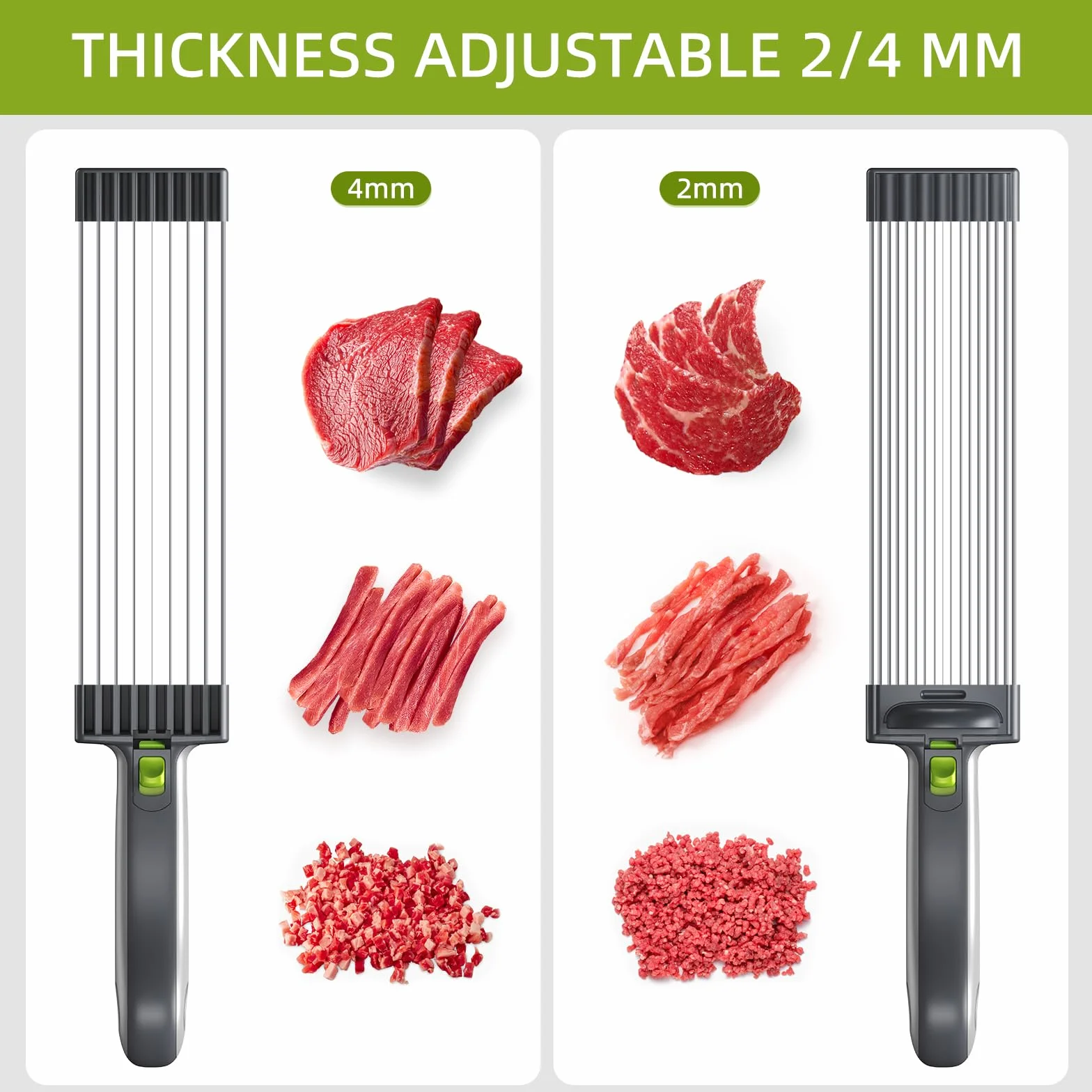 Cortador de Carne Cruda Fresca Con Grosor Ajustable de 2 o 4 mm - Cuchillo de Cocina de Acero Inoxidable 17 en 1 Para Res, Cerdo, Salmón - No Apto Para Carne Cocida