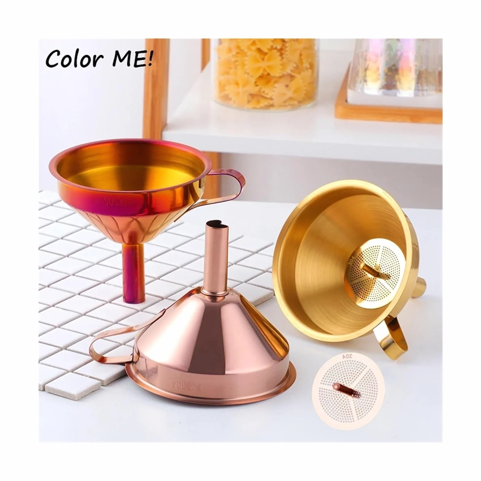 Embudos Embudo de Acero Inoxidable 304 for Aceite de Cocina con Filtro Desmontable for llenar Botellas y enlatar, Embudo de Metal Dorado.(Rainbow No.0)