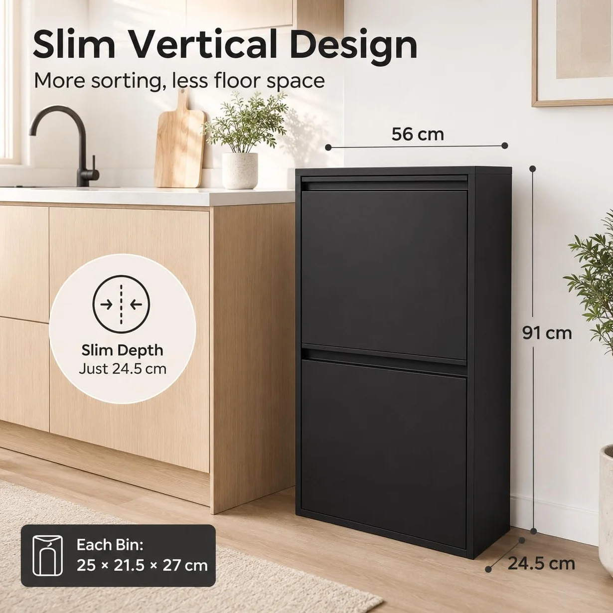 Sistema de separación de basura, 4 recipientes de 15 l, cubo de basura de cocina con armario (negro) | 56 x 24,5 x 91 cm, acero laminado en frío, 4 recipientes de 15 l, montaje en pared, para cocina, oficina, comercio