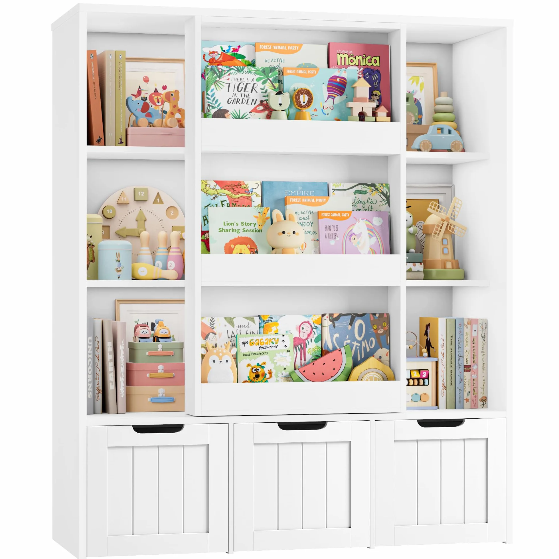FOREHILL Mueble Organizador Juguetes con Estanteria Infantil Corredera, Estanteria Montessori, Organizador Infantil Juguetes y Libros, Libreria Infantil Montessori, 3 Cajones con Ruedas, Blanco
