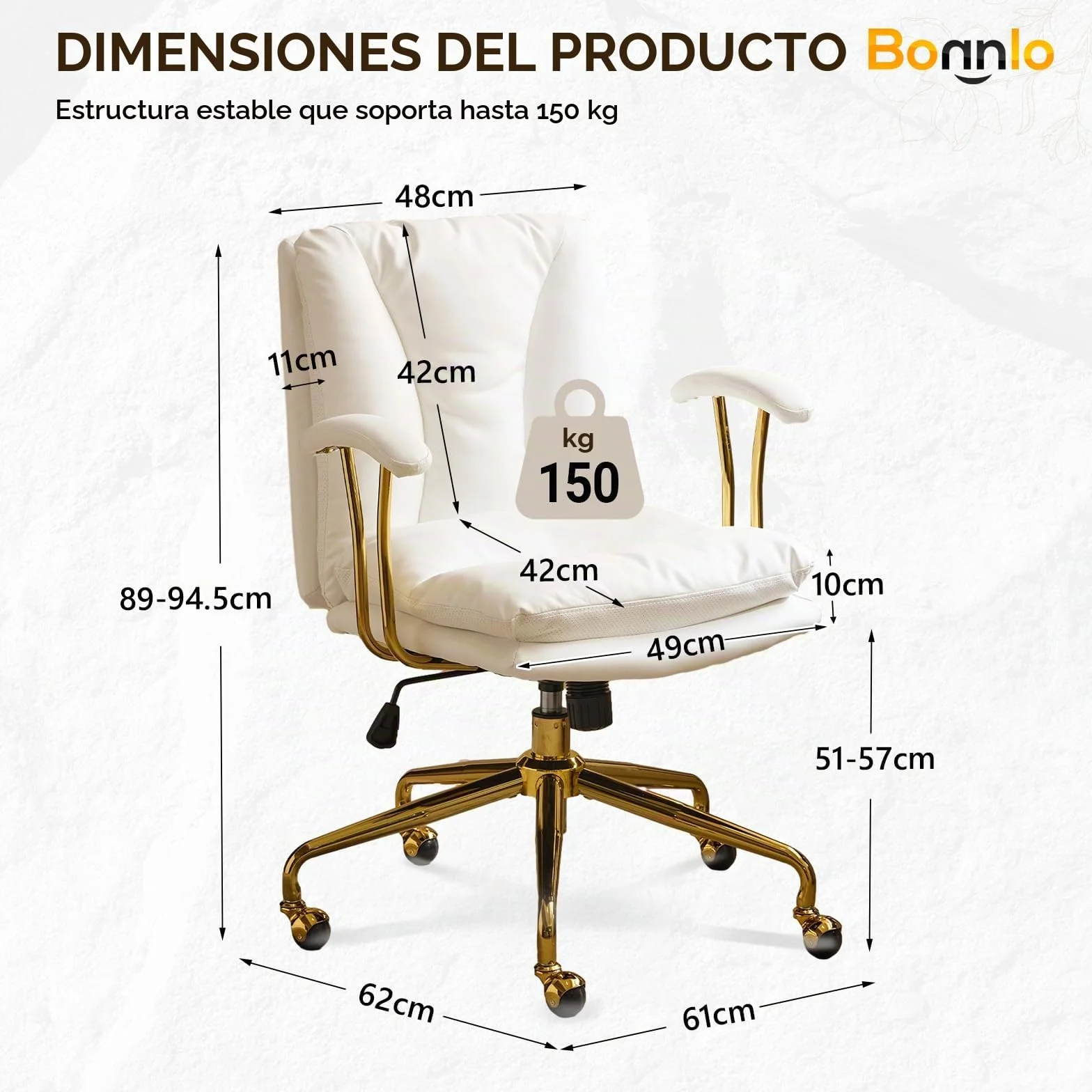 Bonnlo Silla de Escritorio, Silla ergonómica con reposabrazos, Silla ejecutiva, Silla giratoria, Regulable en Altura y Función de Inclinación, Oficina en Casa, Cuero PU, Blanco
