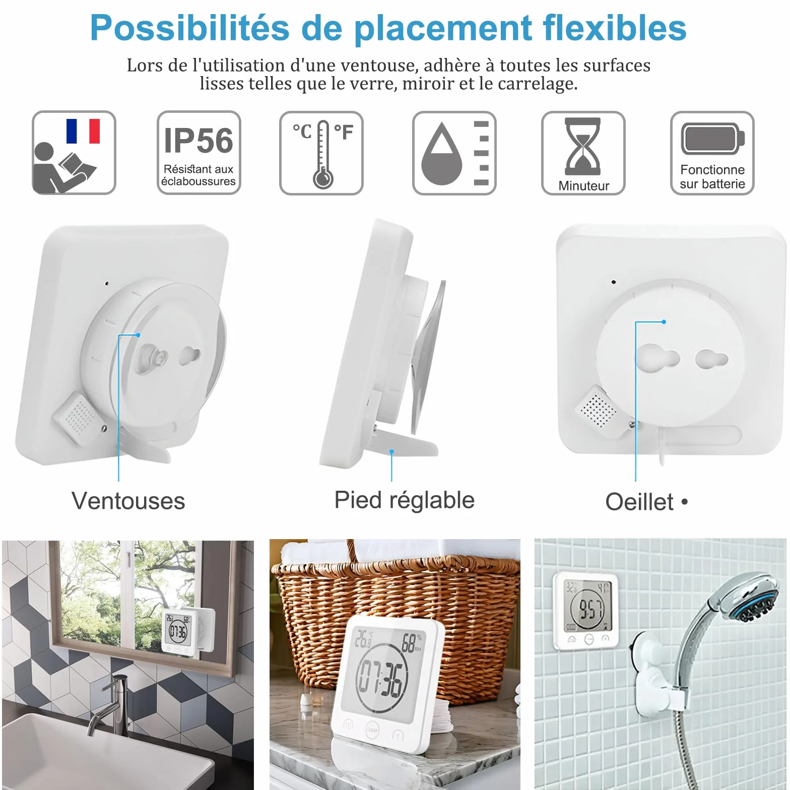 Reloj de Baño Digital con Temperatura Humedad, Alarma Impermeable, Temporizador LCD Control Táctil, Blanco