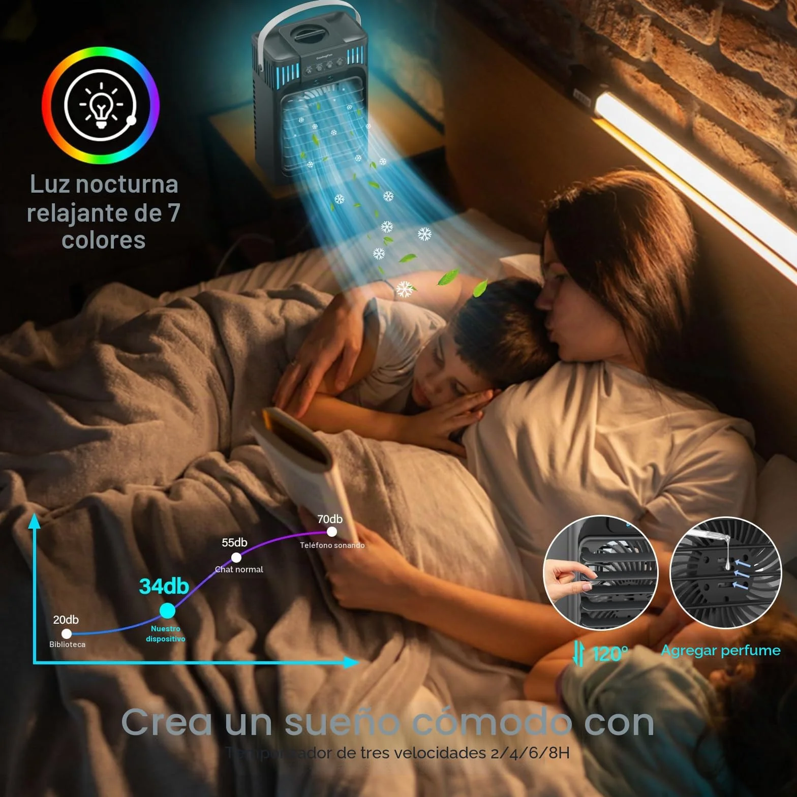 Aire acondicionado portátil con mando a distancia, silencioso con 3 velocidades, ventilador de refrigeración de 1200 ml, ventilador de aire personal con 3 nieblas, 7 luces nocturnas, temporizador de 8