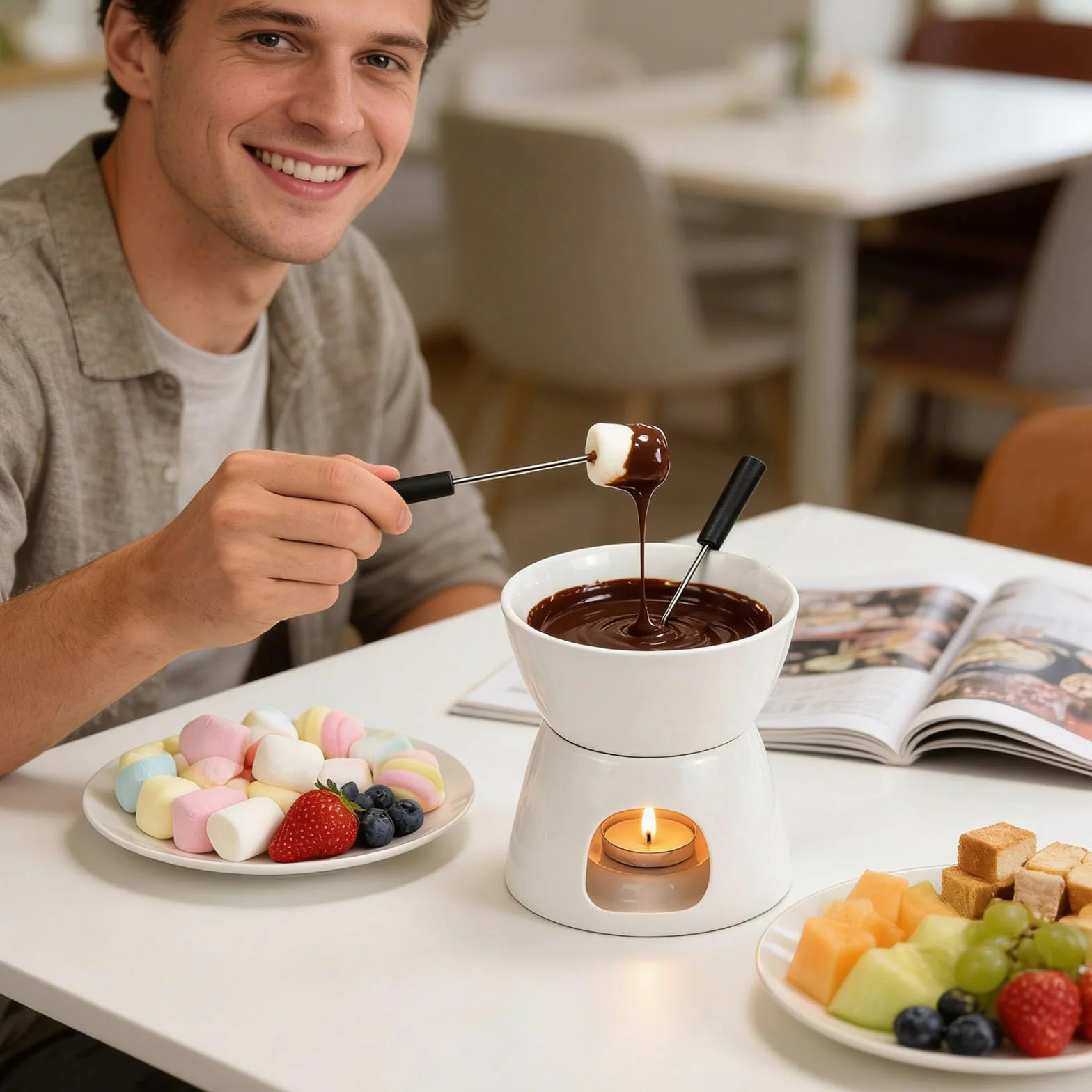 Set de Fondue de Chocolate 300 ml – Olla de Cerámica con 2 Tenedores, Mini Cazuela