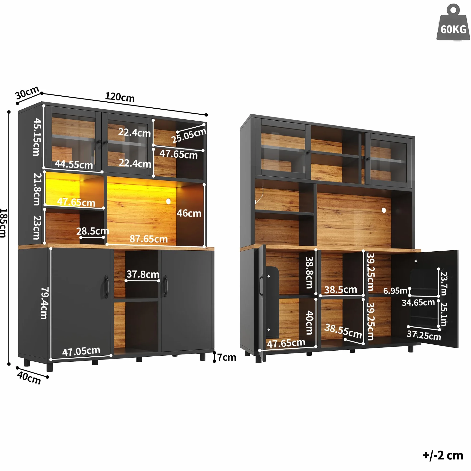 LAKFEW Alacena de Cocina Armario Cocina con Iluminación LED y Puerta Corredera de Cristal, Aparadores Mueble Auxiliar Cocina con Estante Ajustable y Puerta de Almacenaje, 140x40x185 cm, Negro