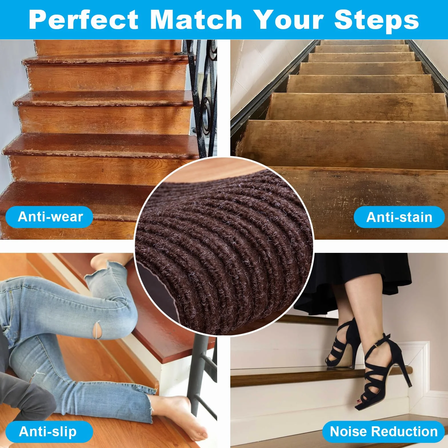 Spurtar Alfombras Antideslizantes Peldaños de Escalera, 76 cm x 20 cm, Juego de 15 Unidades, Autoadhesivas, para Escalones Interiores, para Diferentes Tipos de Escaleras, Escalones, Alfombras, Marrón