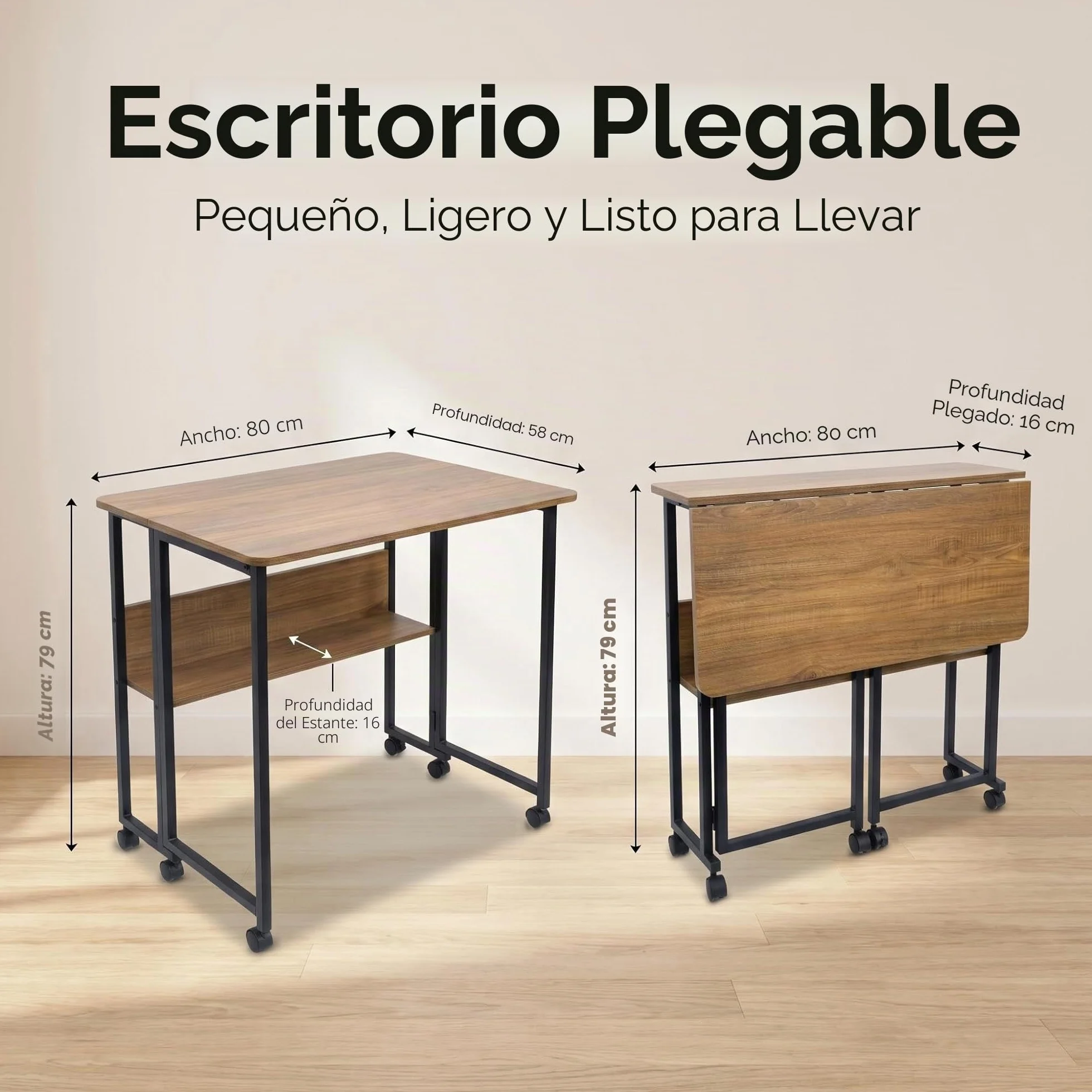 Fiutazge Mesa Escritorio Plegable con Ruedas y Almacenamiento, Mesa Plegable de Pequeño Espacio para Estudio, Casa Oficina, Computadora Manualidades,Marrón y Negro
