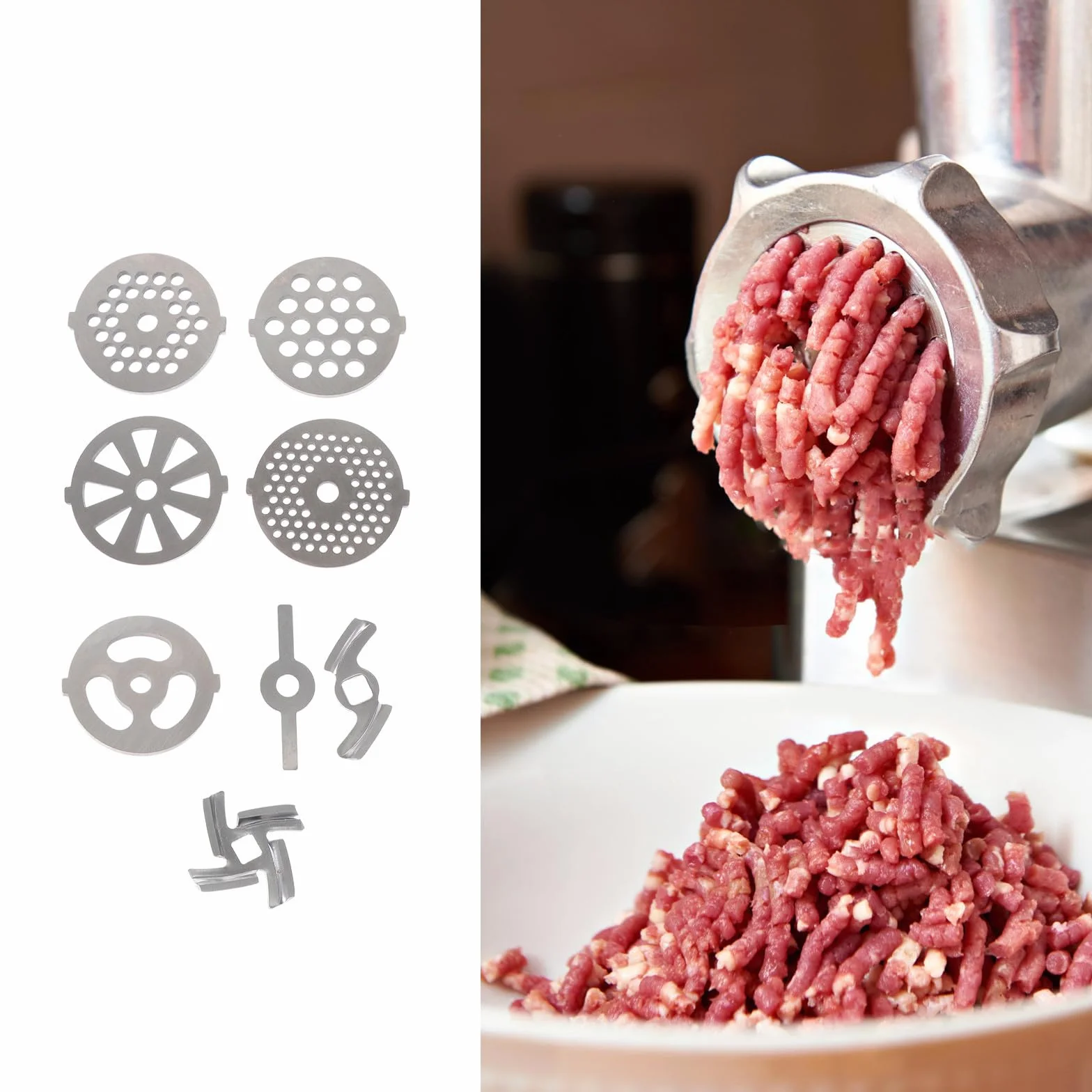 Juego de 8 Discos y Cuchillas para Picadora de Carne de Acero Inoxidable, Fácil de Usar, Orificios Redondos y Cuadrados para Uso Doméstico
