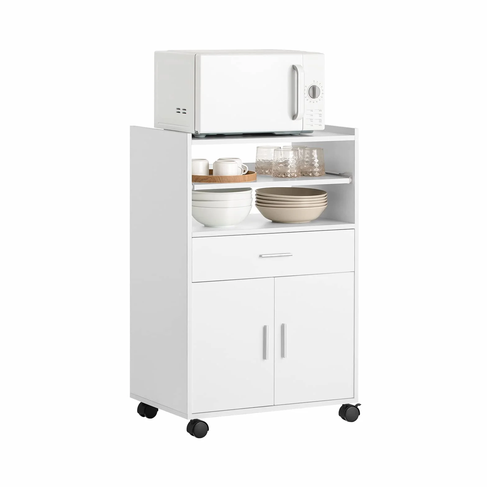 SoBuy Carrito de Cocina con Ruedas y Encimera Extensible Mueble Auxiliar para Microondas, Isla de Cocina Blanca 92x59x40cm para Comedor u Oficina FSB09-W