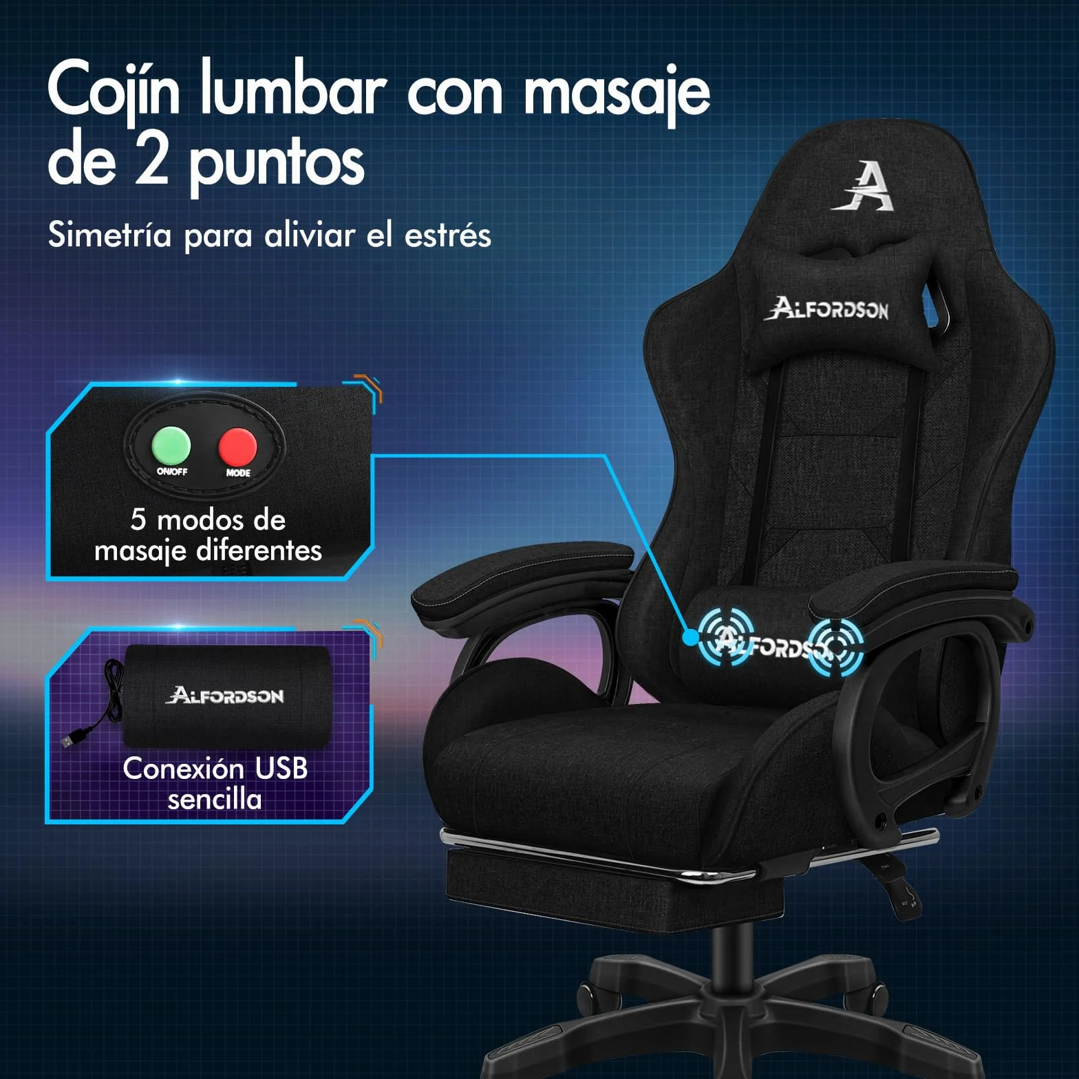 ALFORDSON Silla Gaming Oficina Reclinable con Masajeador, Silla Gamer Ergonómica con Cojín Lumbar y Cervical, Respaldo Alto Acolchado, Ideal Videojuego,Escritorio,Ordenador,Oficina, Lino(Negra)
