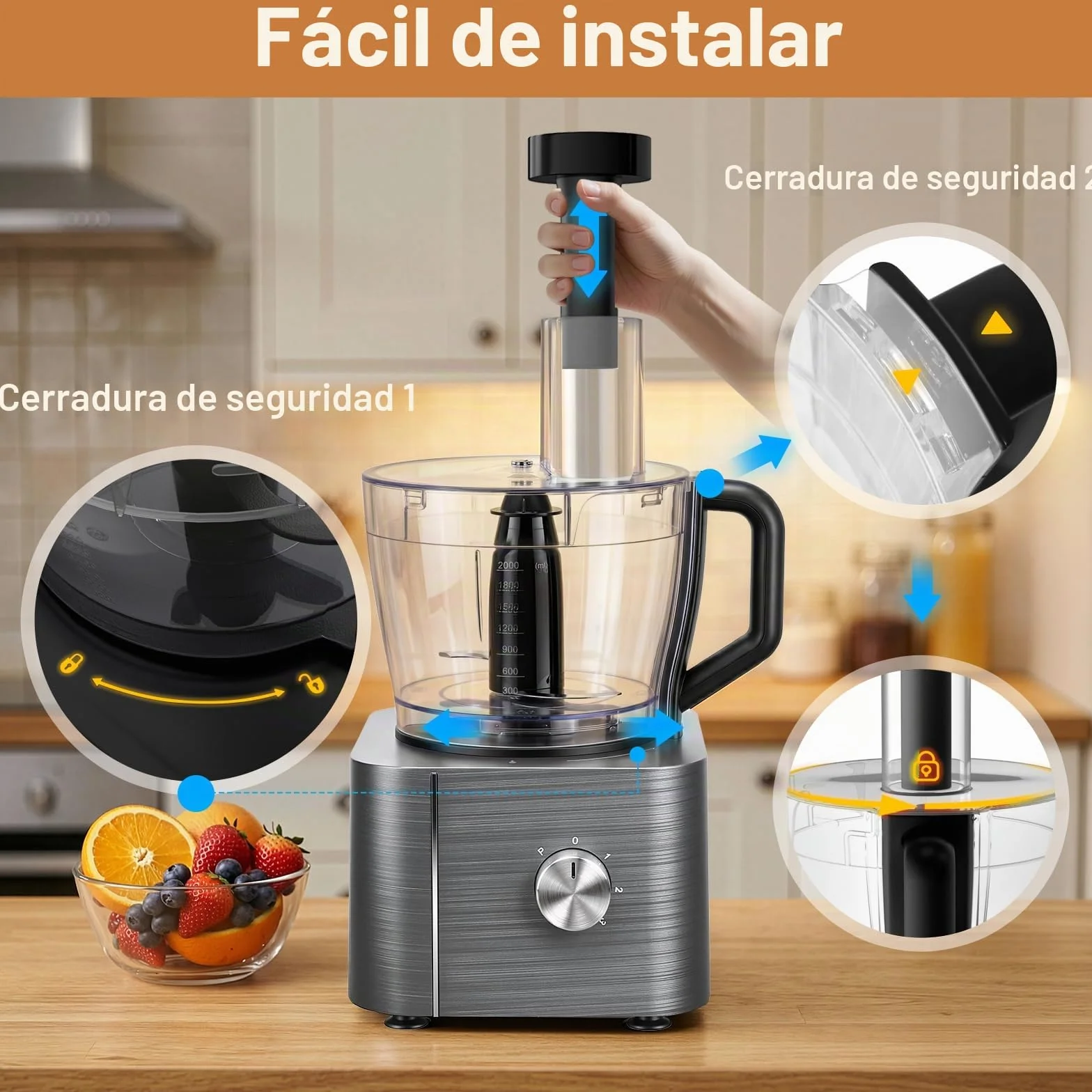 TopStrong Procesador de Alimentos, 800W Robot de Cocina, 3 Velocidades y Pulse, Recipiente de 2L, Incluye 3 Discos de Corte, Picadora, Amasadora y Batidor