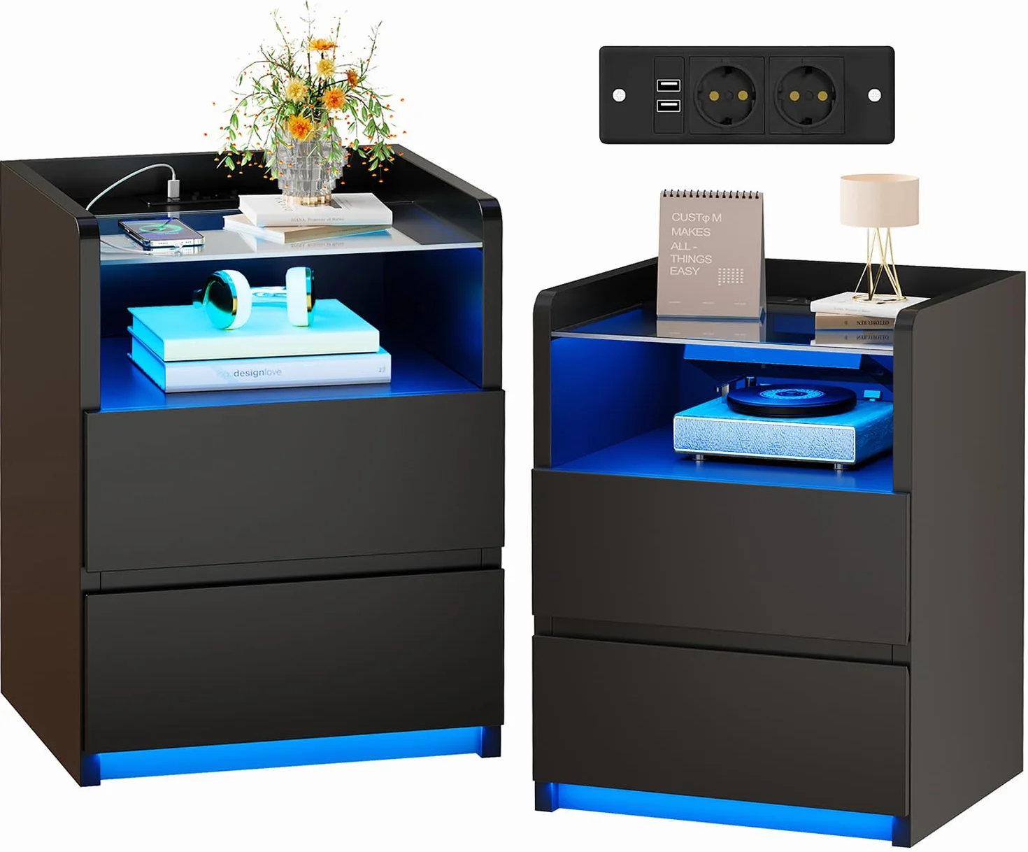 ANWBROAD Juego de 2 Mesitas de Noche con Enchufes Integrado y LED Luces, Mesilla de Noche con Tapa de Vidrio, Mesa Auxiliar con 1 Compartimento Abierto y 2 Cajones,para Salón,Dormitorio,Negro BNS001B