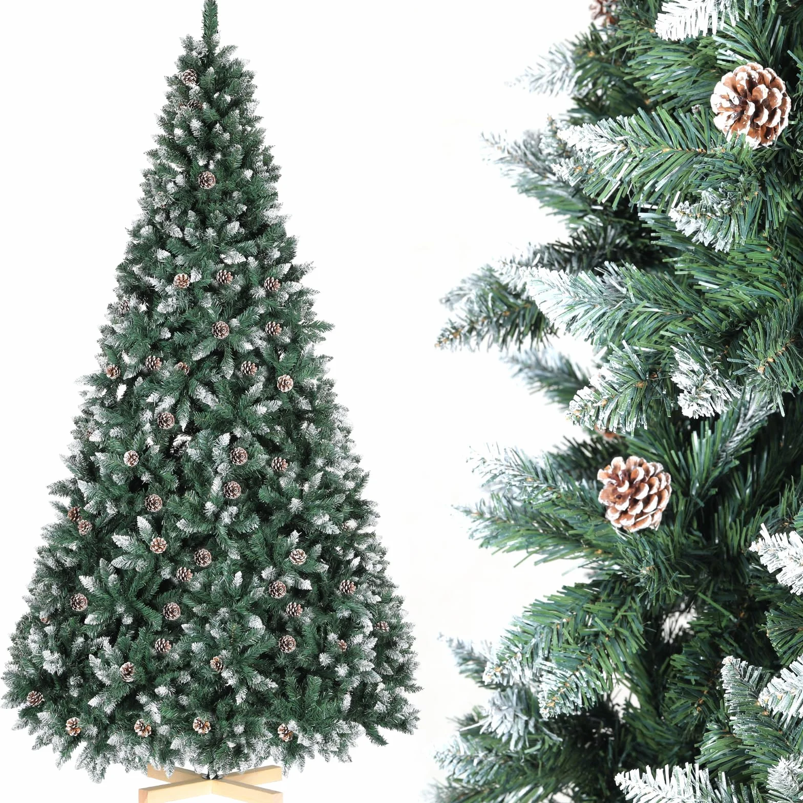 LIFERUN 180cm Árbol de Navidad Nevado, Abeto Nordmann Premium, Ramas Densas y Realistas, Arbol de Navidad Artificial con 32PCS Piñas, Soporte de Madera, 1092 Puntas de Rama, Fácil Montaje, Ignífugo