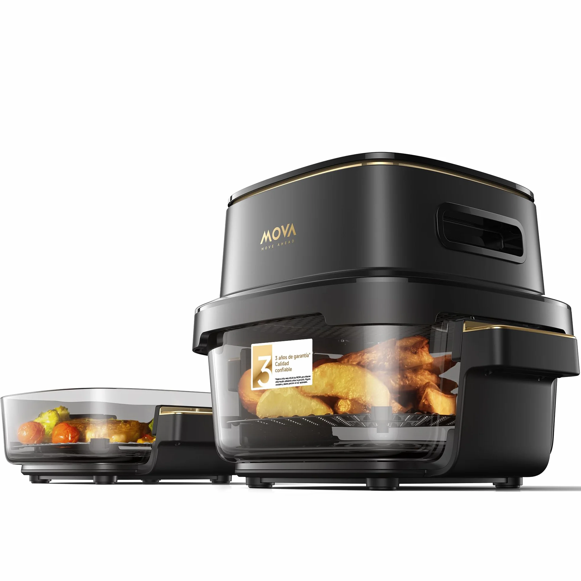 MOVA Aeroglass AF20 Pro Freidora De Aire Sin Aceite interior vidrio transparente, doble capacidad 4L+2,5L, recipiente vidrio, motor sin escobillas, 8 recetas inteligentes, control 40℃-185℃.