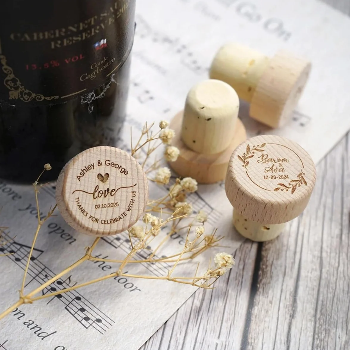 Tapones personalizados para botellas de vino de madera grabados con láser, tapón de corcho para recuerdos de boda, fiesta para invitados (100 unidades)