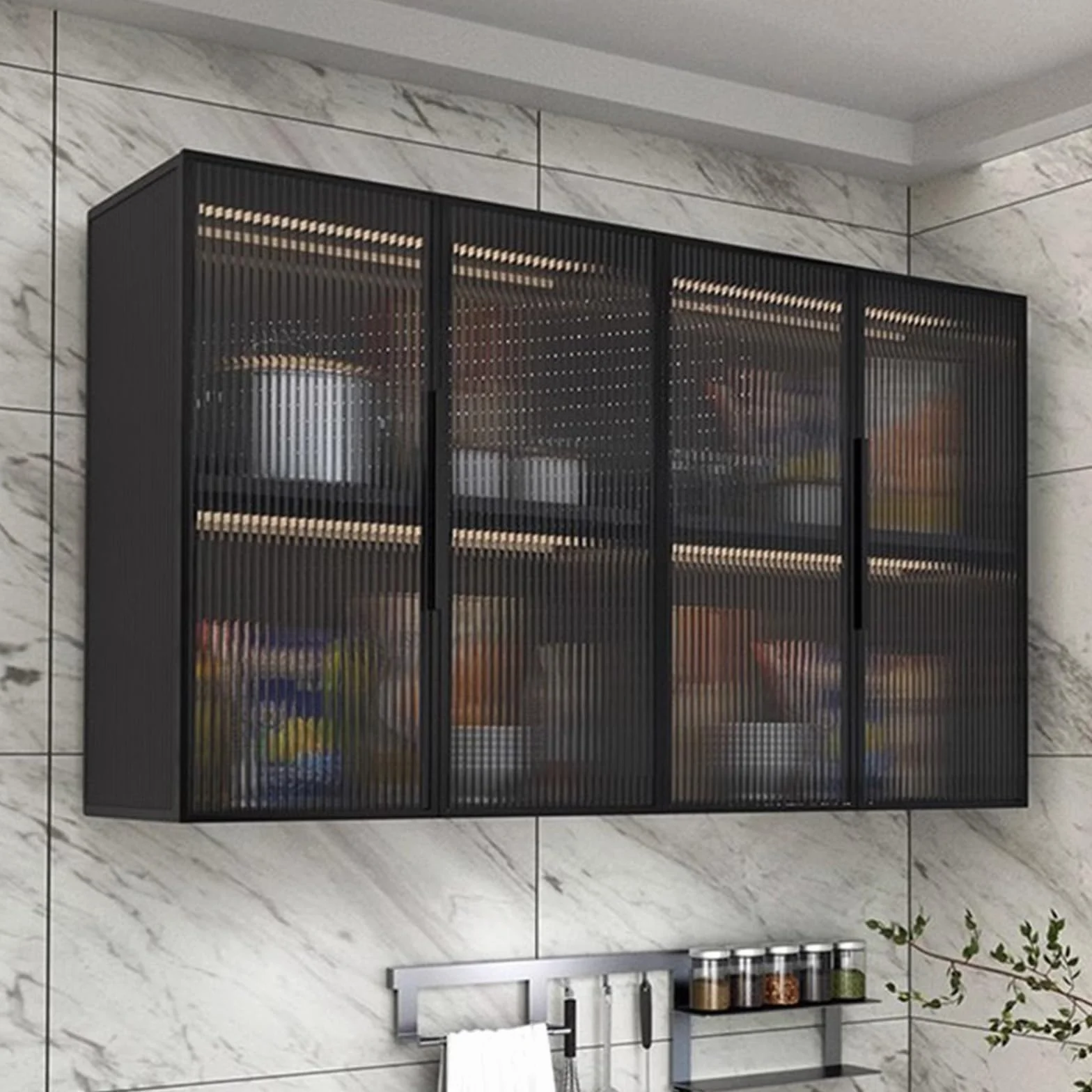 Armario de almacenamiento con puerta de cristal montado en la pared, elegante diseño de madera maciza para espacios organizados de cocina, baño y balcón