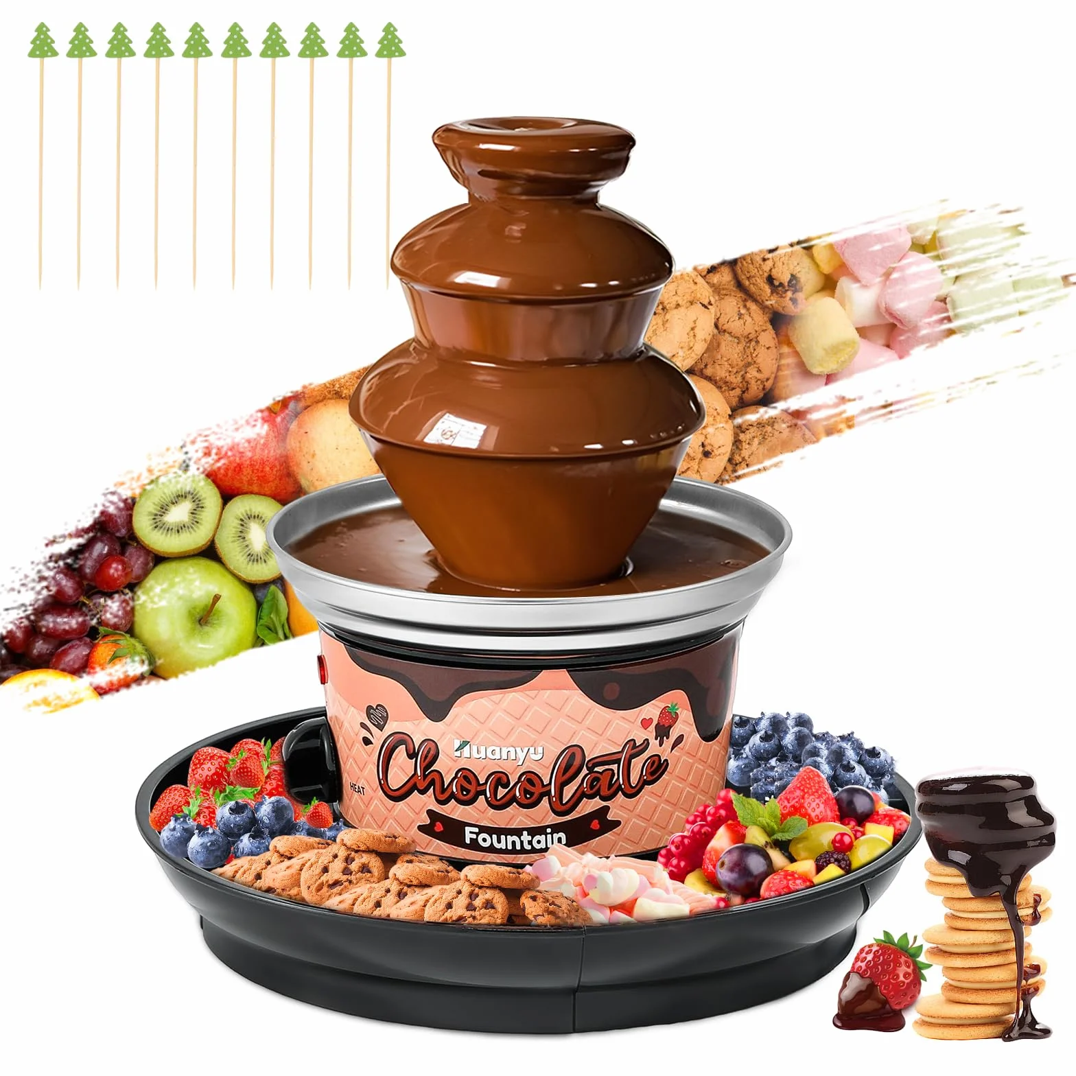 Huanyu Fuente de Chocolate de 3 niveles 10 pinchos de bambú Bandeja extraíble 450g Mini Chocolate Fondue Fuente para Fiesta Cumpleaños Boda Chocolate Nacho Queso Salsa Barbacoa Licores (negro)