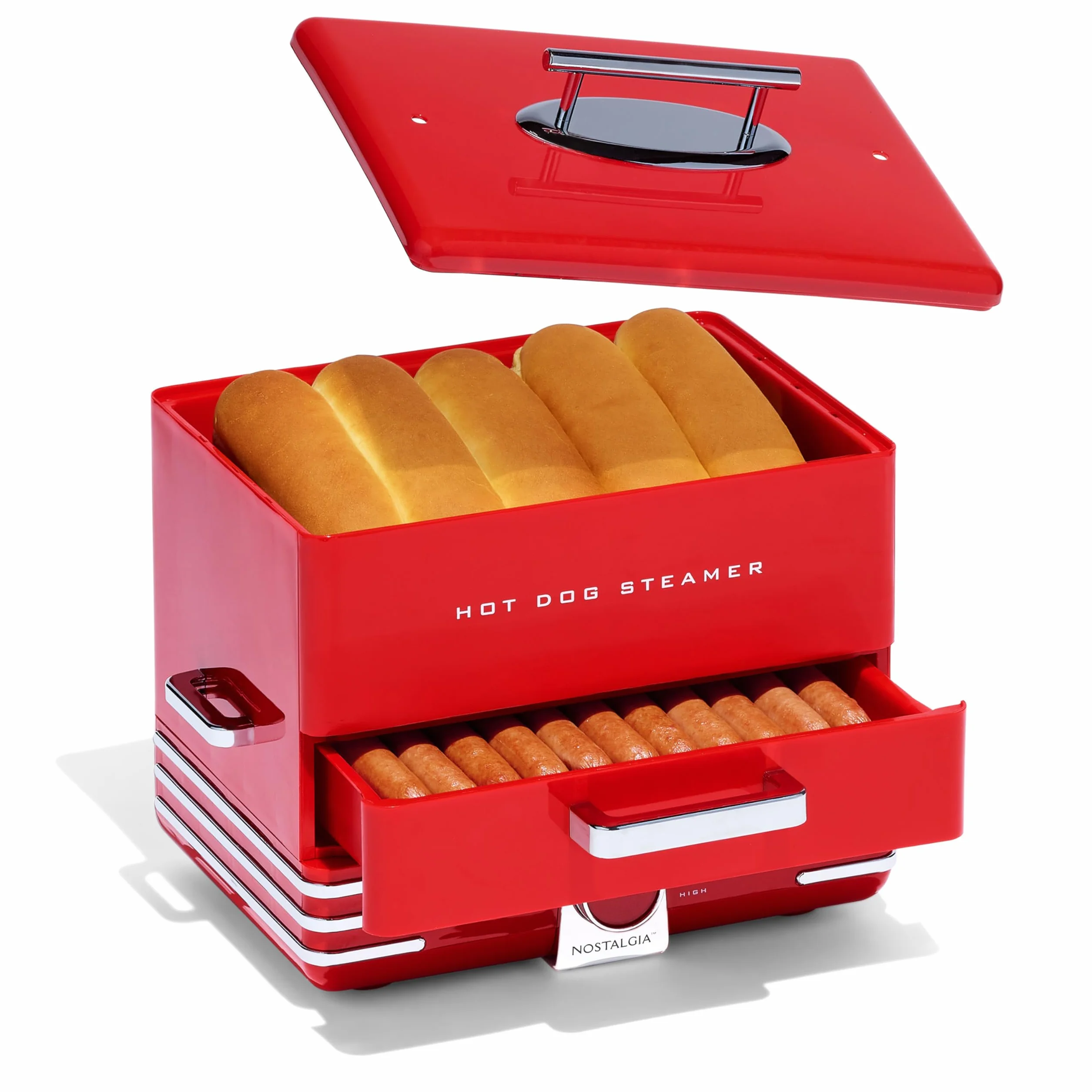 Nostalgia Vaporera extragrande estilo comedor 20 perros calientes y capacidad para 6 bollos, perfecto para salchichas de desayuno, mocosos, verduras, pescado