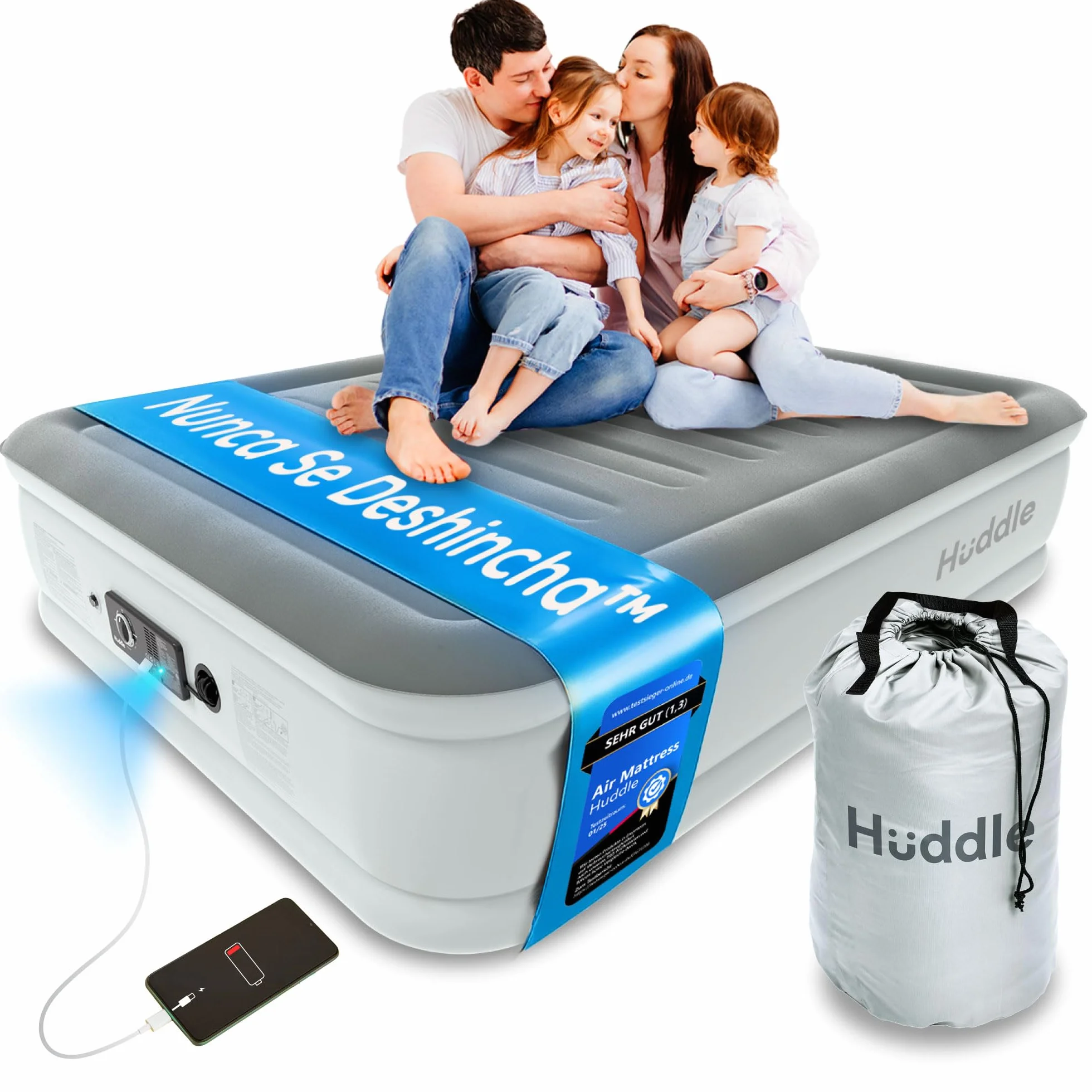 Huddle Never Deflate™ Luxury Colchón Inflable King Size, Ganador del Good Housekeeping 2025, con Hinchador Dual SlumberGuard™, firmeza Ajustable, Bomba integrada y luz Nocturna USB.
